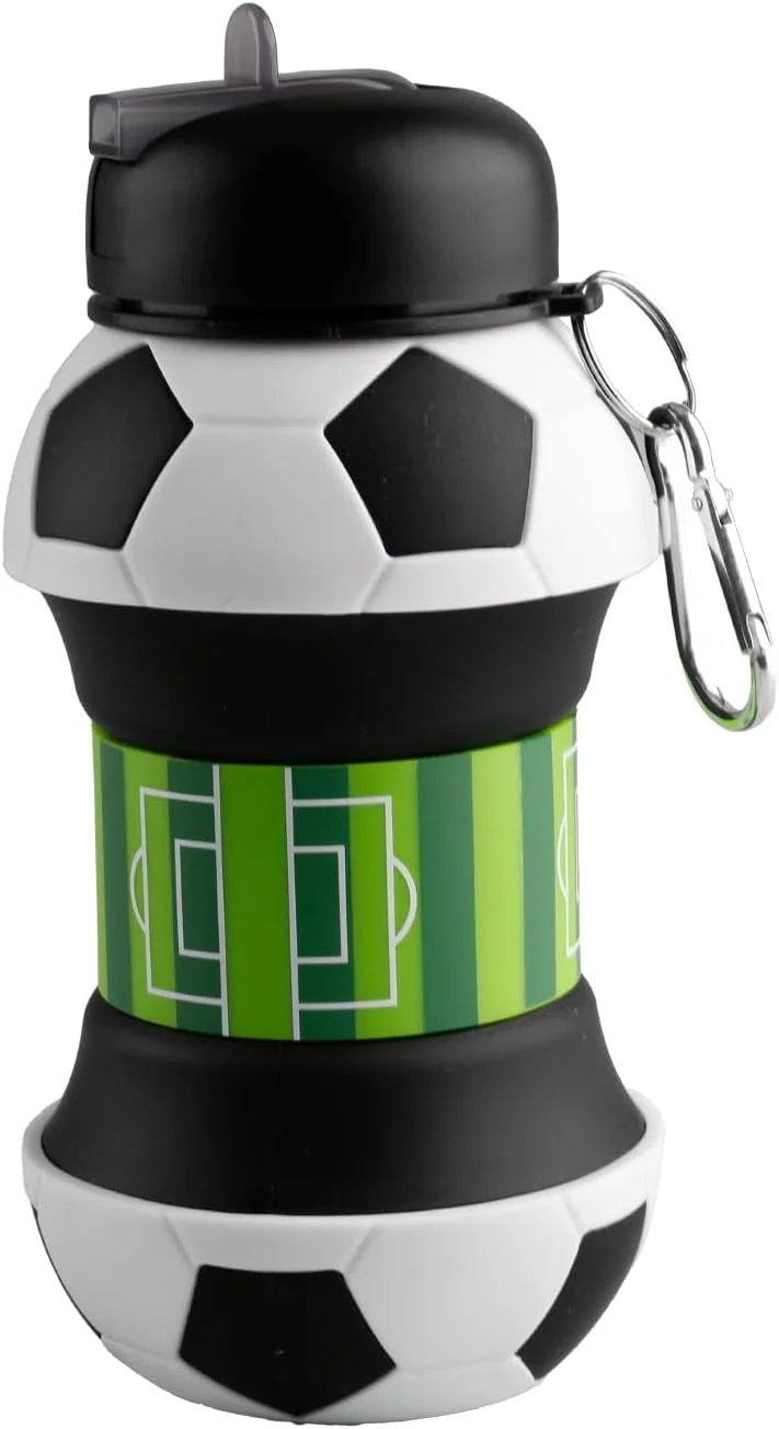 بطری آب تاشو سیلیکونی 550 میلی لیتری طرح توپی، ضد نشت و مقاوم در برابر ضربه، لیوان ورزشی بادوام و قابل حمل برای فعالیت های خارج از منزل (فوتبال)
