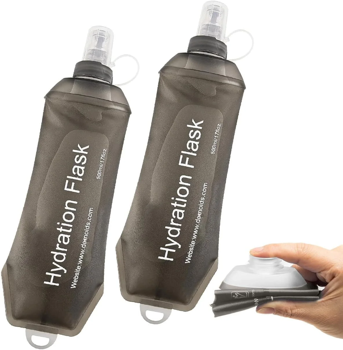 قمقمه تاشو TPU نرم T Tersely، بسته 2 عددی، 500 میلی لیتر، قمقمه آبرسانی برای دویدن، بطری آب تاشو نرم برای بسته آبرسانی، دویدن، پیاده روی، دوچرخه سواری، ماراتن (خاکستری)