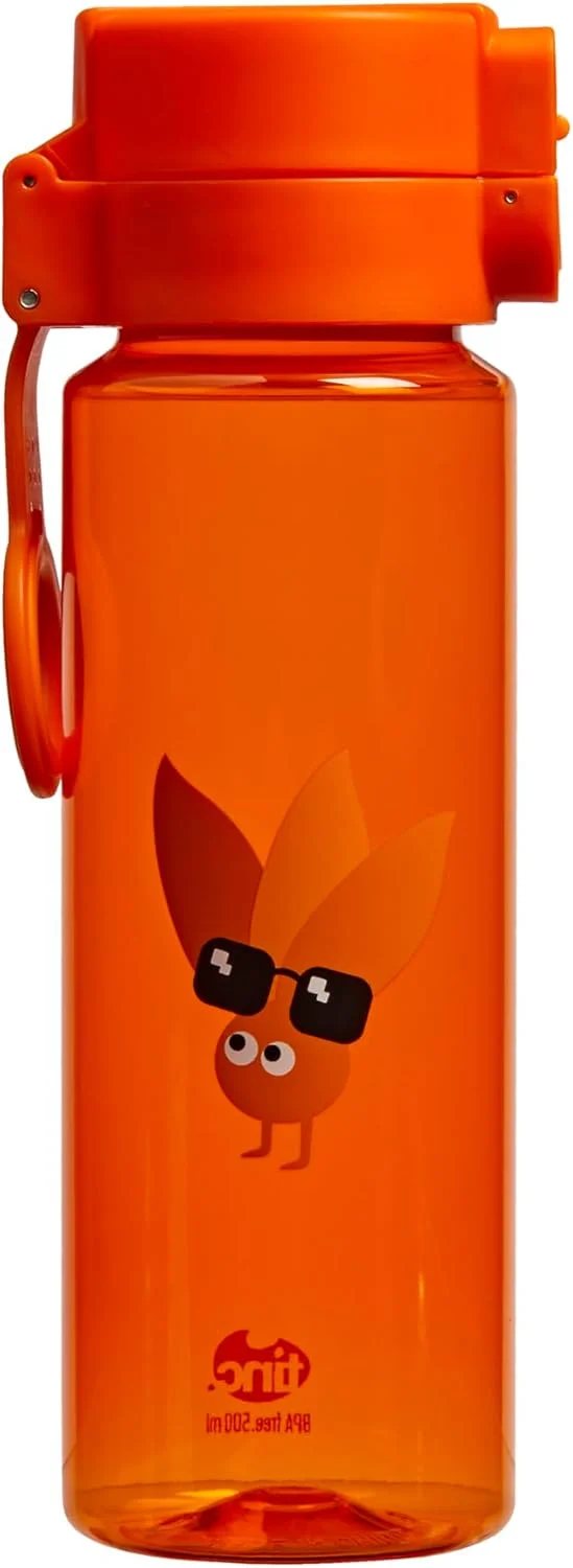 بطری آب کودکانه Tinc Ojay با درب تاشو و گیره، ظرفیت 550 میلی لیتر، بطری آب برای کودکان | بطری آب کودکانه برای مدرسه | ضد نشت، دکمه فشاری، حلقه حمل | نارنجی