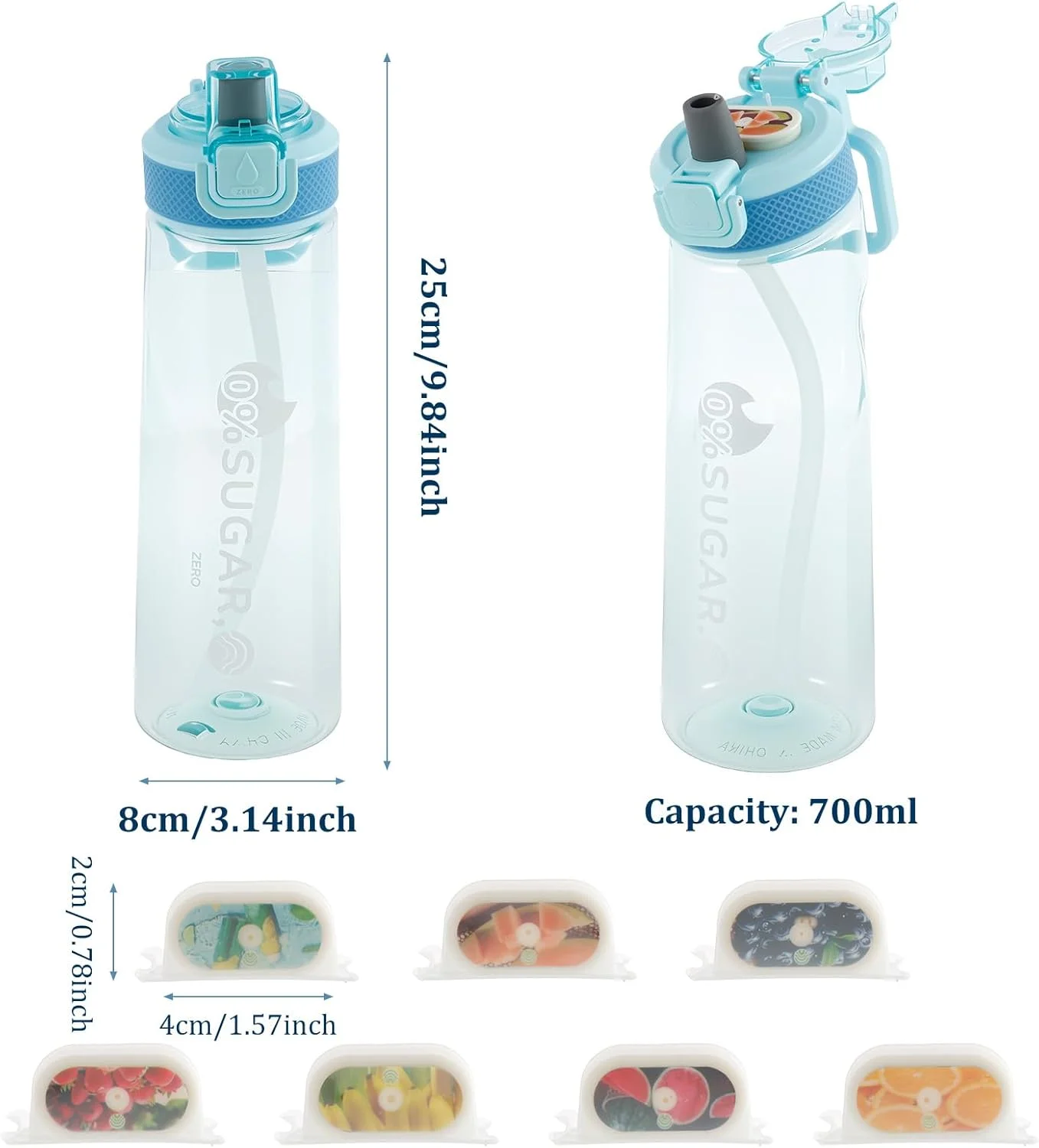 بطری نوشیدنی، بطری آب بادوام 700 میلی لیتری با نی و بند، 7 کپسول با طعم میوه، بطری فنجان آب ورزشی عایق بندی شده، ظرف آب ضد نشت برای باشگاه (آبی)