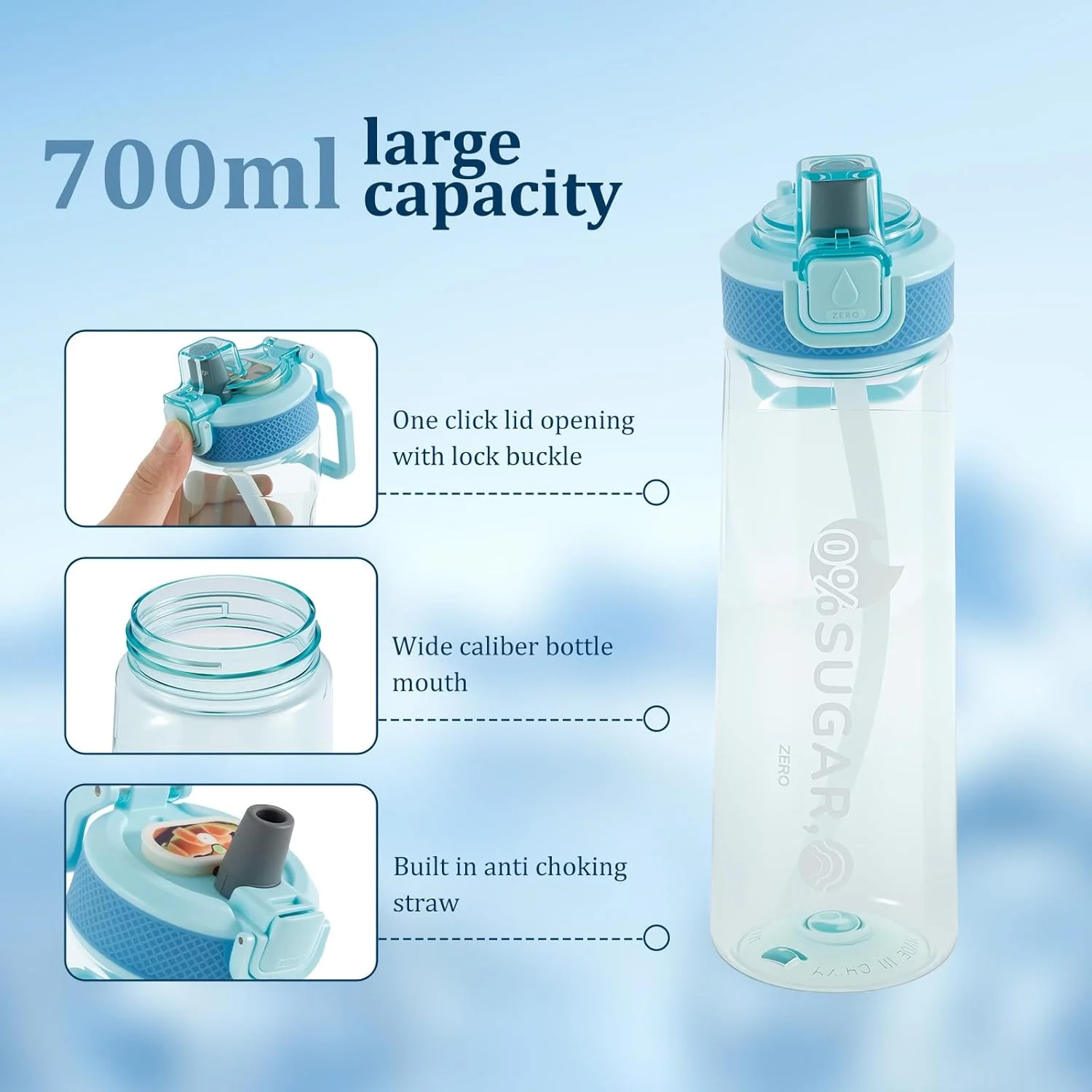 بطری نوشیدنی، بطری آب بادوام 700 میلی لیتری با نی و بند، 7 کپسول با طعم میوه، بطری فنجان آب ورزشی عایق بندی شده، ظرف آب ضد نشت برای باشگاه (آبی)