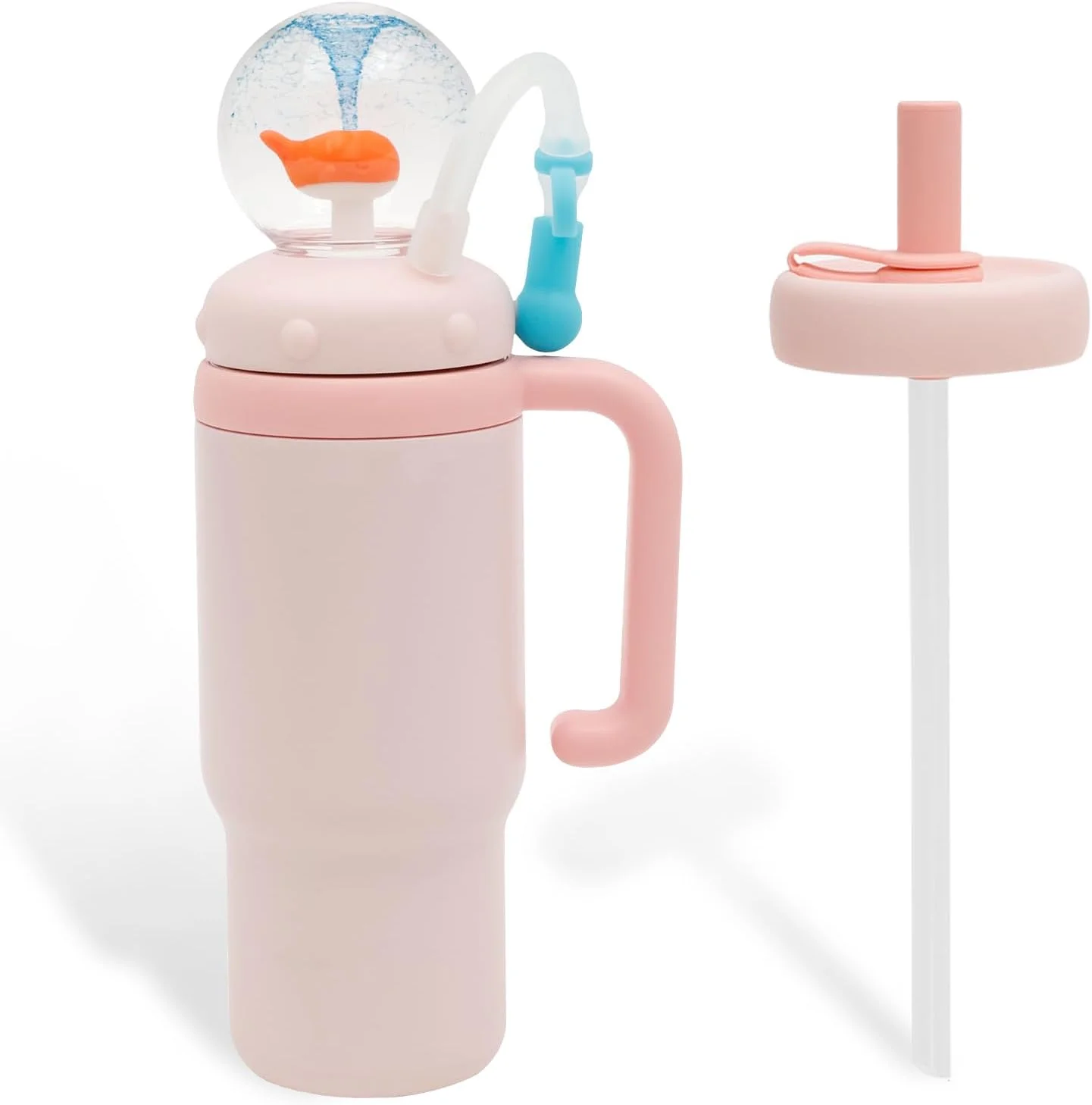 بطری نوشیدنی، فنجان فواره ای نهنگ 710 میلی لیتری با نی و دسته جداشدنی، بطری آب استیل ضد زنگ، ضد نشت، فنجان قهوه مسافرتی عایق برای کودکان، نوجوانان و بزرگسالان (صورتی)