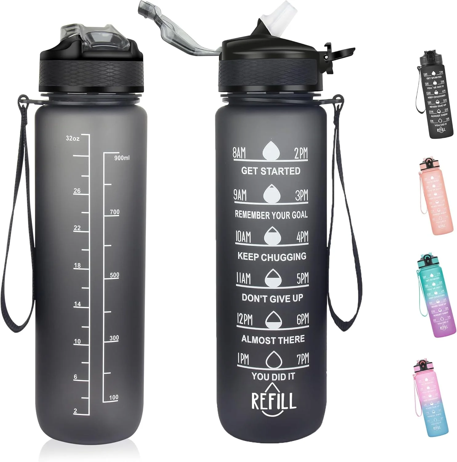 بطری آب ورزشی، بطری آب 1 لیتری با نی و نشانگر زمان، بطری نوشیدنی بادوام و قابل استفاده مجدد با درب ضد نشت و بدون BPA برای باشگاه، ورزش، فضای باز (مشکی)