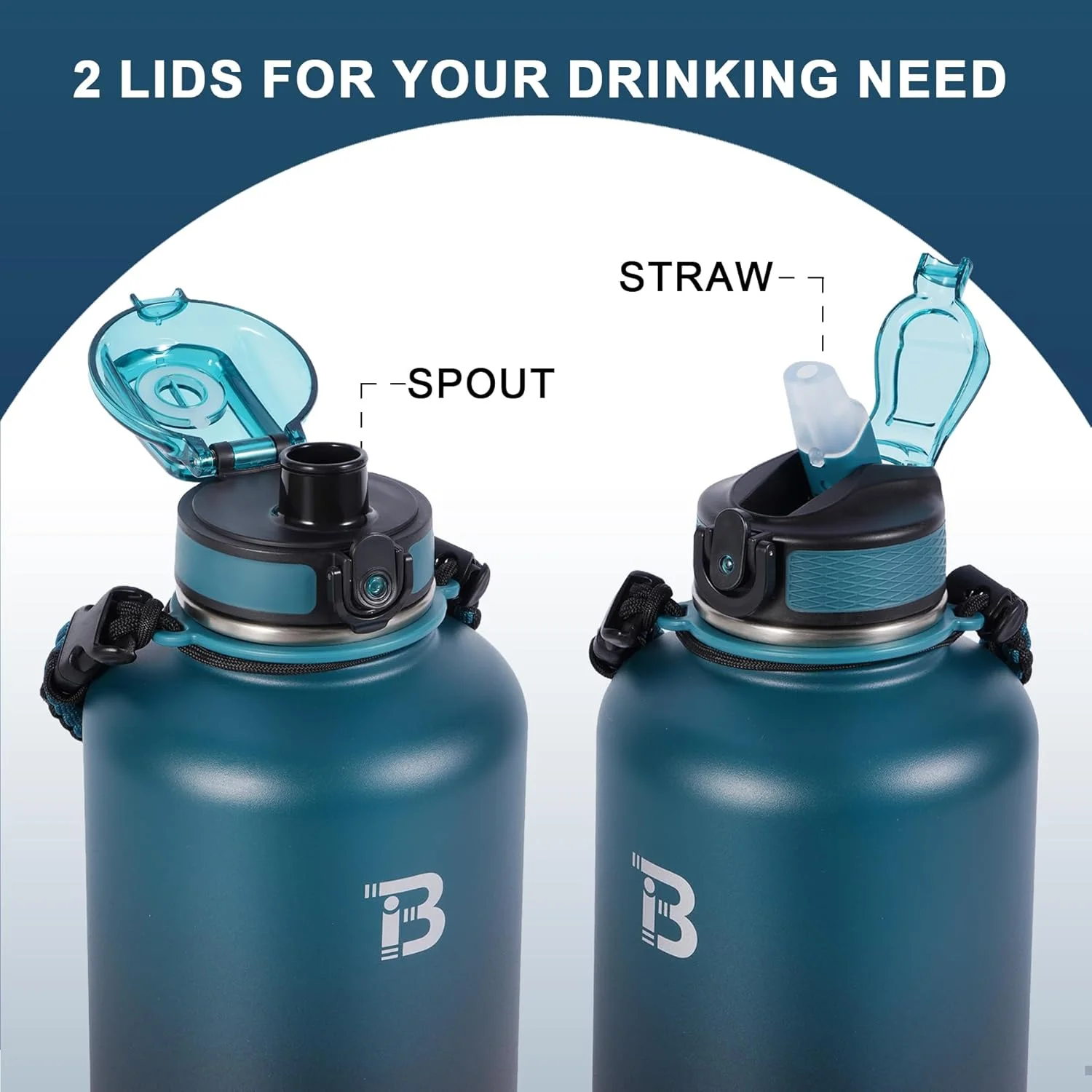 بطری آب استیل ضد زنگ، 1.9 لیتر، بطری آب عایق بندی شده با 2 درب (نی دار و بدون نی)، بطری ورزشی فلزی 1900 میلی لیتری بدون BPA برای باشگاه، بدنسازی، فضای باز بطری آب استیل ضد زنگ، 1.9 لیتر، بطری آب عایق بندی شده با 2 درب (نی دار و بدون نی)، بطری ورزشی فلزی 1900 میلی لیتری بدون BPA برای باشگاه، بدنسازی، فضای باز