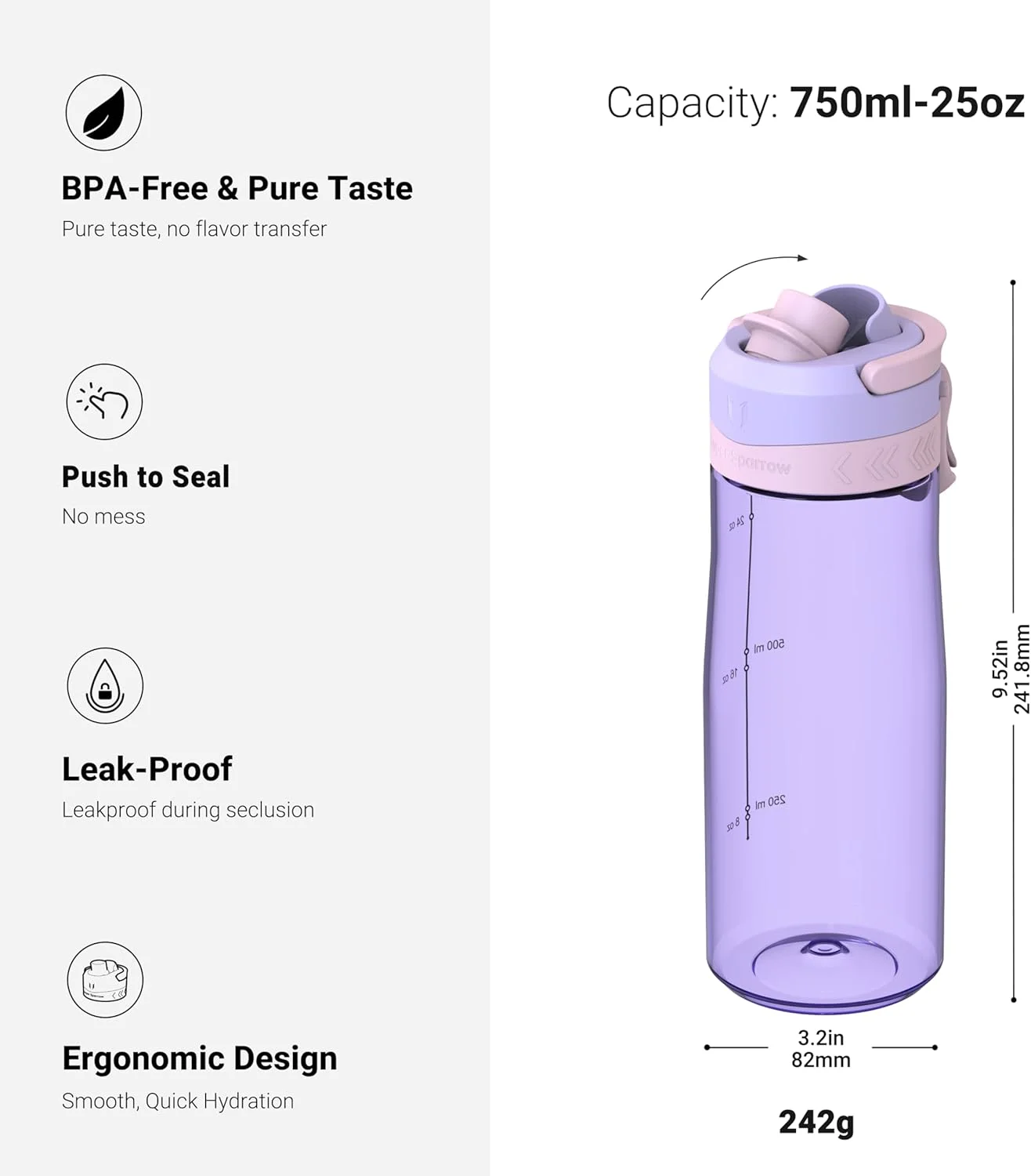 بطری آب سوپر اسپارو تریتان، 750 میلی لیتر، بدون BPA، بطری ورزشی ایده آل، بطری های نوشیدنی TouchGulp با جریان سریع تک کلیک، سبک وزن، پایدار