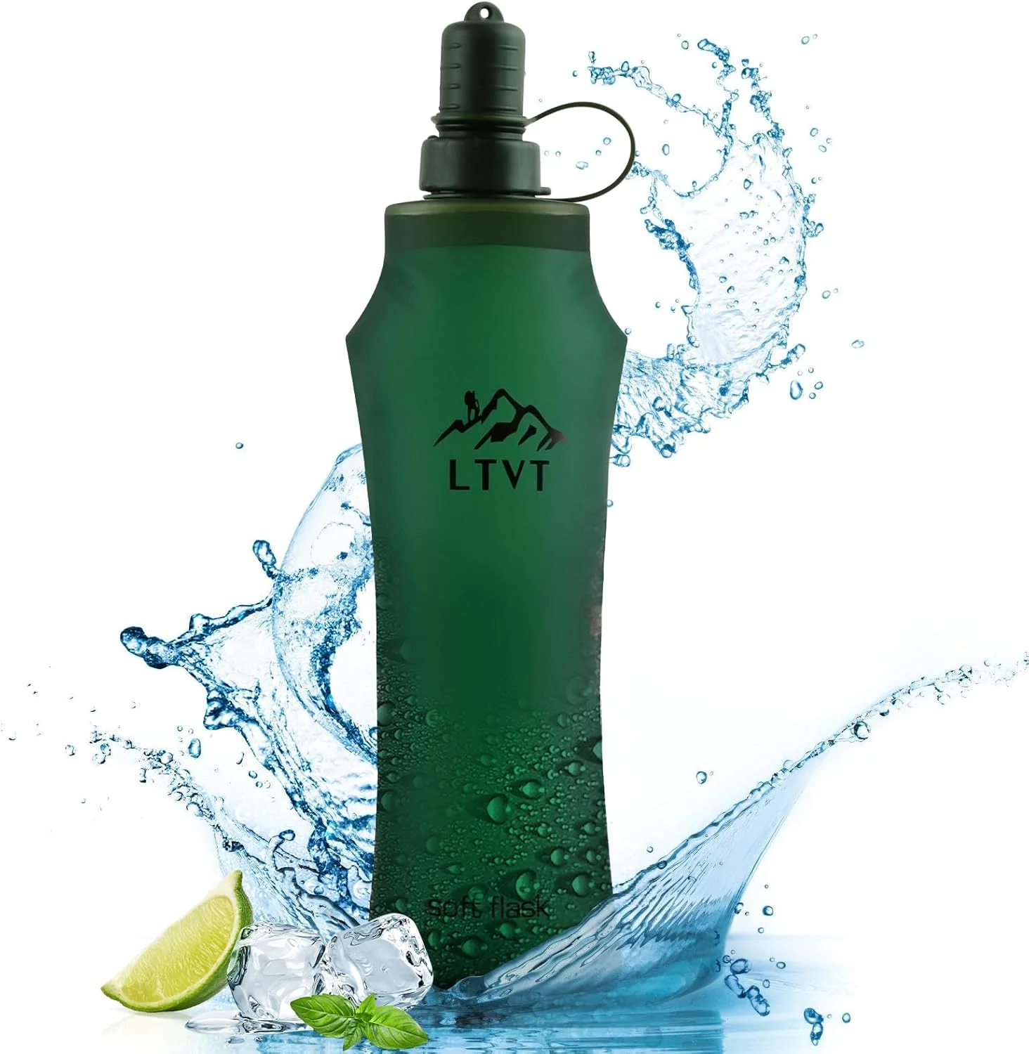 بطری آب تاشو، بطری آب TPU نرم، قمقمه نرم 500 میلی لیتر، بدون BPA برای دویدن، دوچرخه سواری، پیاده روی و کوهنوردی (سبز)