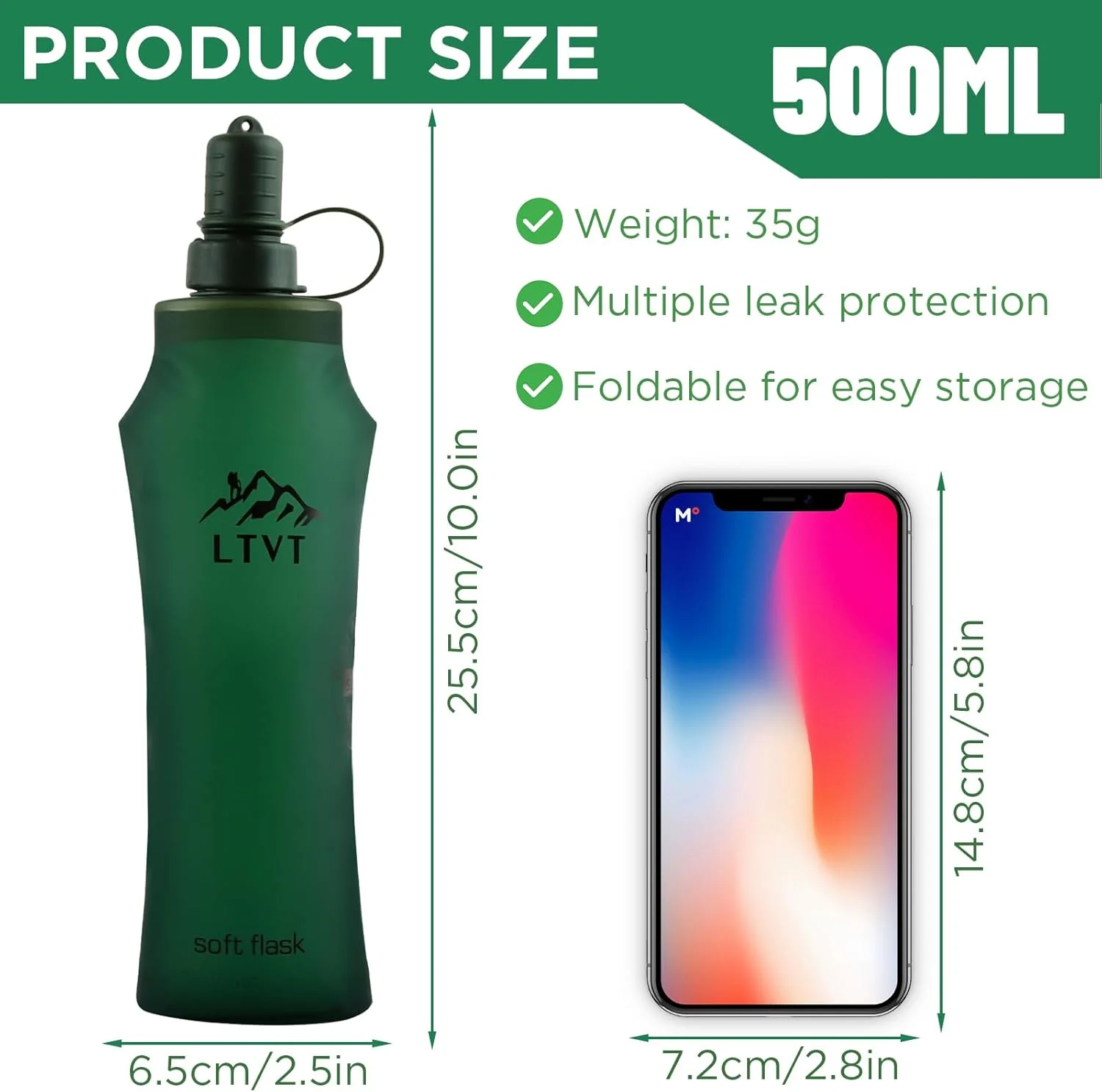 بطری آب تاشو، بطری آب TPU نرم، قمقمه نرم 500 میلی لیتر، بدون BPA برای دویدن، دوچرخه سواری، پیاده روی و کوهنوردی (سبز) بطری آب تاشو، بطری آب TPU نرم، قمقمه نرم 500 میلی لیتر، بدون BPA برای دویدن، دوچرخه سواری، پیاده روی و کوهنوردی (سبز)