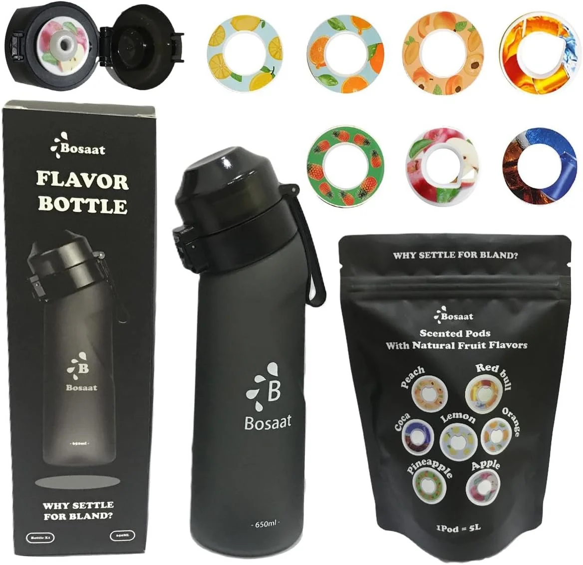 بطری آب با طعم دهنده های بدون شکر شامل 7 طعم میوه ای لیمو و آناناس، ست بطری آب تریتان برای کودکان و بزرگسالان، قمقمه 100% بدون BPA برای فضای باز و باشگاه (مشکی مات، 650 میلی لیتر)