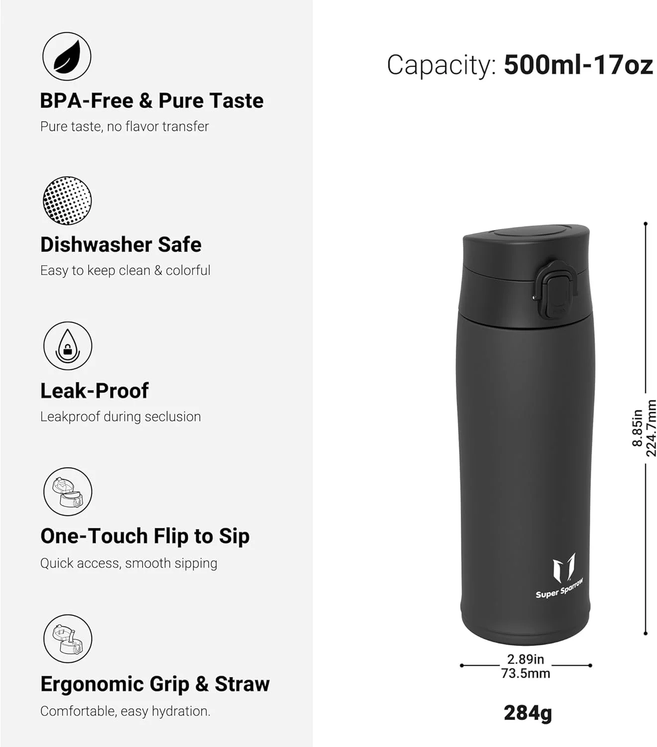 فلاسک نوشیدنی سوپر اسپارو استیل 18/8 - لیوان نوشیدنی - 500 میلی لیتر - بدون BPA، ضد نشت، فلاسک حرارتی، بطری نوشیدنی برای ورزش، مسافرت، مدرسه، فضای باز، دفتر، خانه فلاسک نوشیدنی سوپر اسپارو استیل 18/8 - لیوان نوشیدنی - 500 میلی لیتر - بدون BPA، ضد نشت، فلاسک حرارتی، بطری نوشیدنی برای ورزش، مسافرت، مدرسه، فضای باز، دفتر، خانه