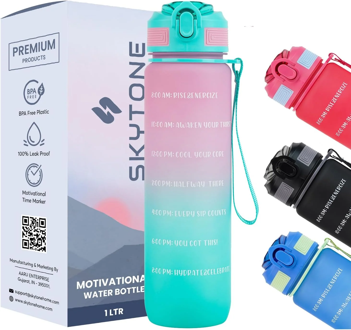 بطری آب یک لیتری SKYTONE با نشانگر زمانی انگیزشی برای بزرگسالان، بطری آب غیر سمی برای دفتر، بطری آب برای باشگاه، بطری آب ورزشی دویدن (1 لیتر صورتی توت فرنگی)