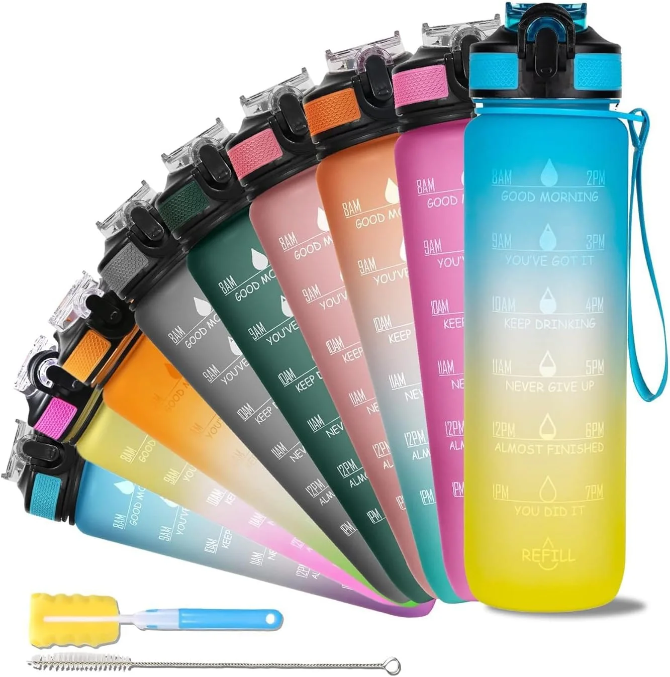 بطری آب سولارا مدل Sipper با ظرفیت 1 لیتر، دارای نشانگر زمانی انگیزشی، ضد نشت، بادوام، فاقد BPA و غیر سمی مناسب برای دفتر، باشگاه | شامل کتاب الکترونیکی سم زدایی | زرد آبی