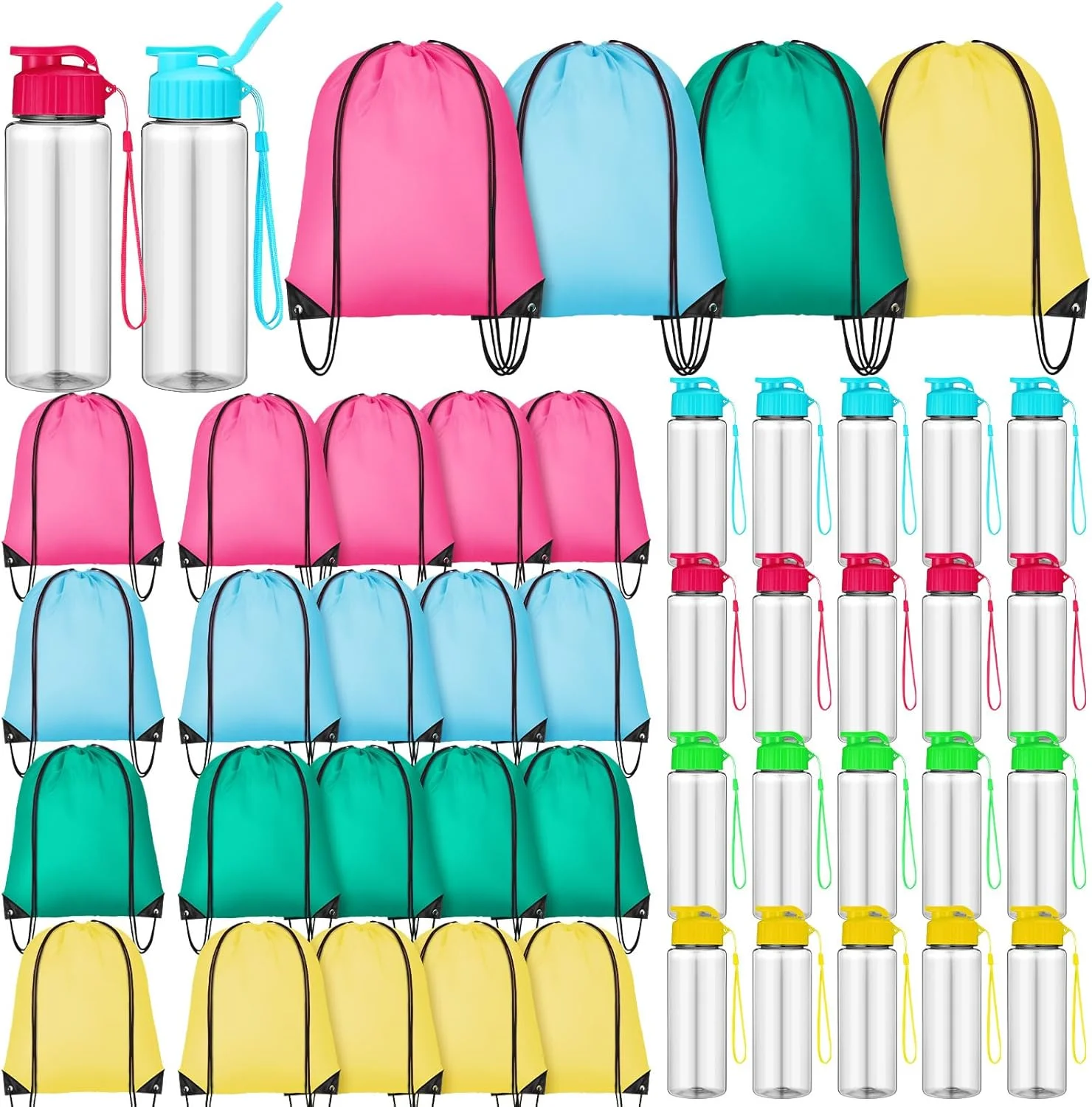 ست ۲۰ عددی بطری آب پلاستیکی ۴۸۰ میلی لیتری و کوله پشتی بند دار، بطری های آب ورزشی درب دار نشتی گیر قابل استفاده مجدد با بند دسته دار، کیف های بند دار باشگاهی برای مدرسه تابستانی و مسافرت