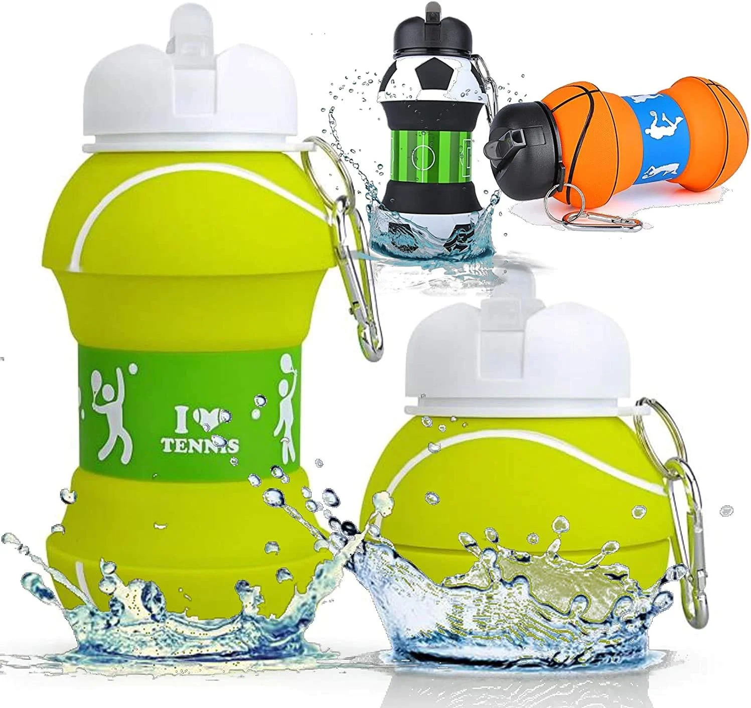 بطری آب سیلیکونی طرح دار مناسب پدل و تنیس - کودکان، دختران و بزرگسالان - تاشو - بدون BPA - بسیار مقاوم - 550 میلی لیتر