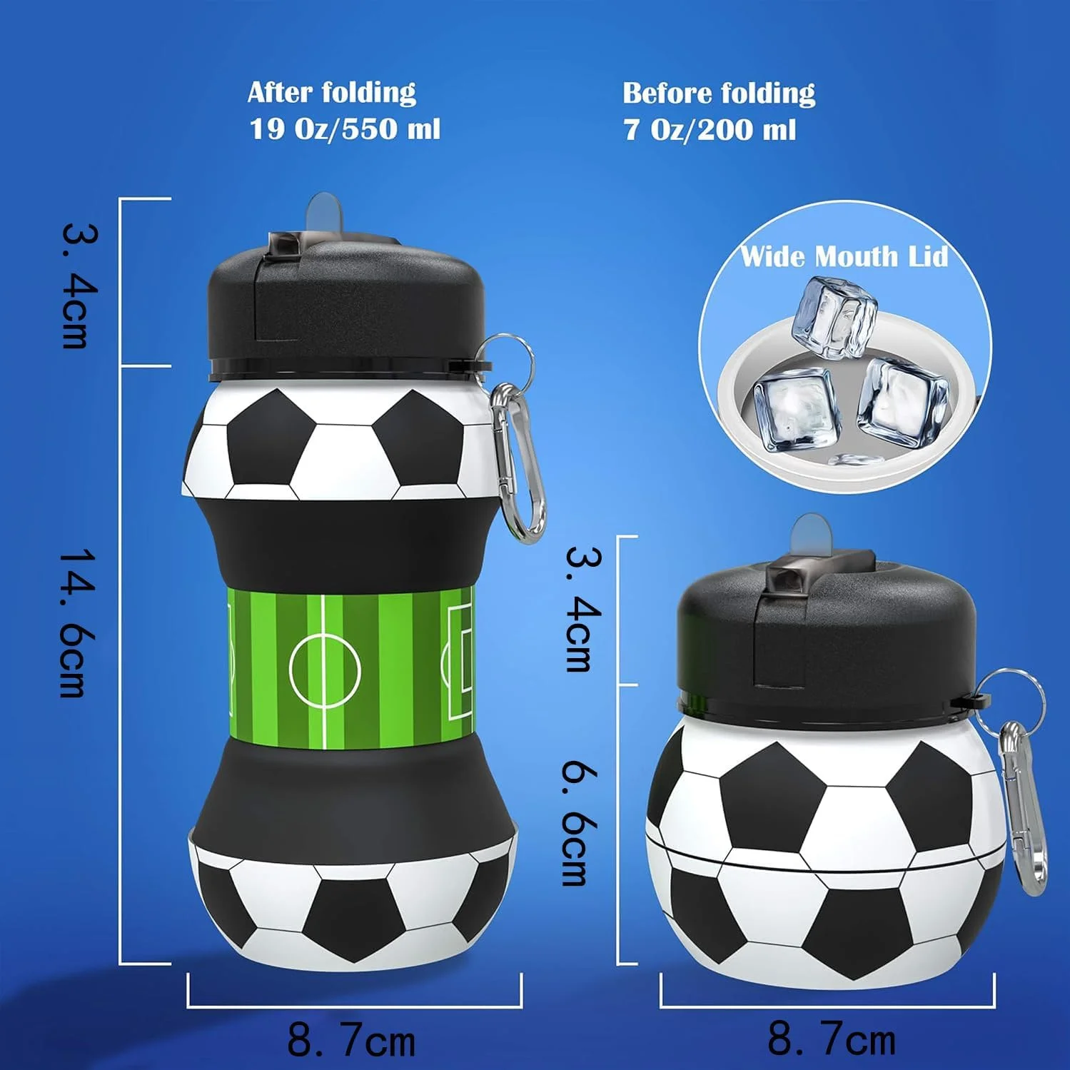 بطری آب سیلیکونی، تاشو، بدون BPA، بطری ورزشی قابل شستشو در ماشین ظرفشویی برای مدرسه، اوقات فراغت و ورزش، شامل قلاب کارابین، بطری تاشو، طرح فوتبال