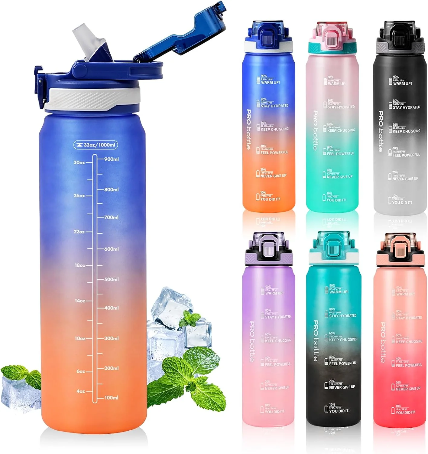 بطری آب ورزشی 1 لیتری با نی، بطری نوشیدنی پلاستیکی، بطری آب 1 لیتری با نشانگر زمان، ضد نشت و بدون BPA برای باشگاه، مدرسه، دفتر، مسافرت (آبی نارنجی)