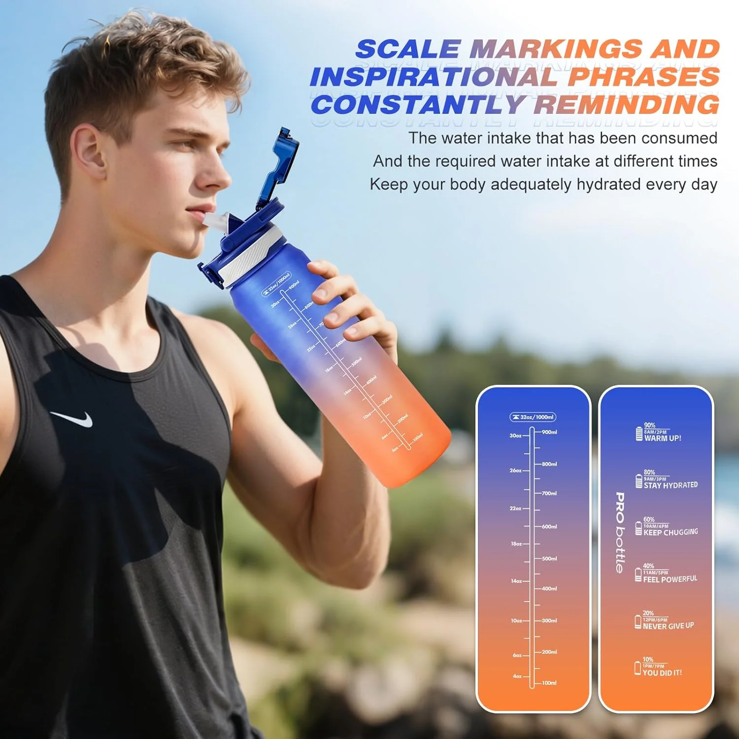 بطری آب ورزشی 1 لیتری با نی، بطری نوشیدنی پلاستیکی، بطری آب 1 لیتری با نشانگر زمان، ضد نشت و بدون BPA برای باشگاه، مدرسه، دفتر، مسافرت (آبی نارنجی) بطری آب ورزشی 1 لیتری با نی، بطری نوشیدنی پلاستیکی، بطری آب 1 لیتری با نشانگر زمان، ضد نشت و بدون BPA برای باشگاه، مدرسه، دفتر، مسافرت (آبی نارنجی)