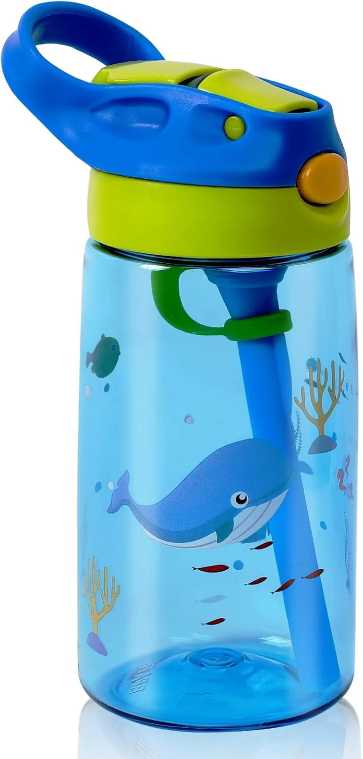 بطری آب کودک با نی، بطری نوشیدنی 480 میلی لیتری برای مدرسه، بطری ورزشی ضد نشت تریتان بدون BPA برای دختران پسر (نهنگ)