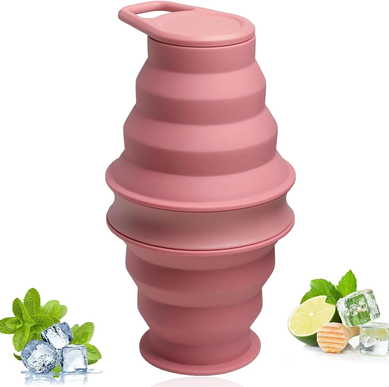 بطری آب سیلیکونی تاشو 500 میلی لیتر، بطری نوشیدنی ضد نشت تاشو و قابل استفاده مجدد با حلقه ضد ریزش، ایده آل برای مسافرت، پیاده روی، کمپینگ، دویدن و فعالیت های ورزشی (صورتی)