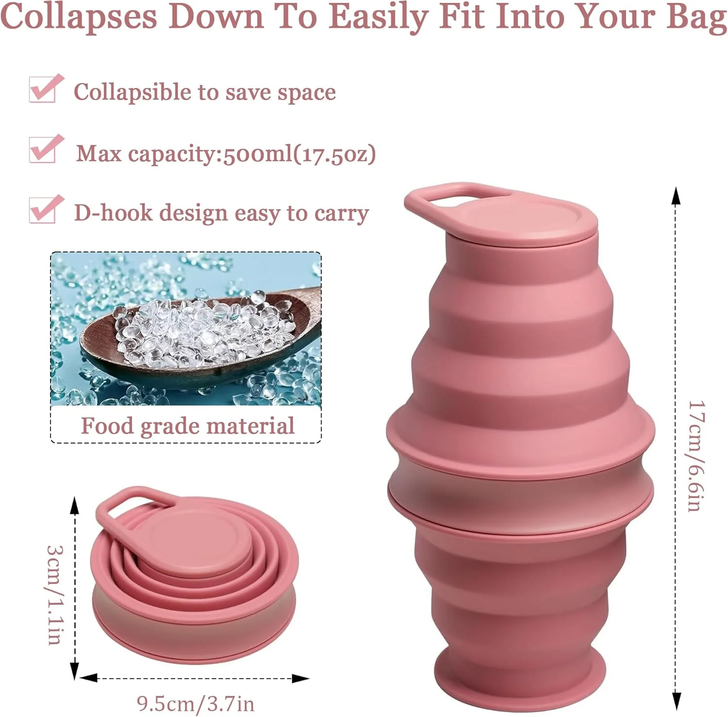 بطری آب سیلیکونی تاشو 500 میلی لیتر، بطری نوشیدنی ضد نشت تاشو و قابل استفاده مجدد با حلقه ضد ریزش، ایده آل برای مسافرت، پیاده روی، کمپینگ، دویدن و فعالیت های ورزشی (صورتی) بطری آب سیلیکونی تاشو 500 میلی لیتر، بطری نوشیدنی ضد نشت تاشو و قابل استفاده مجدد با حلقه ضد ریزش، ایده آل برای مسافرت، پیاده روی، کمپینگ، دویدن و فعالیت های ورزشی (صورتی)