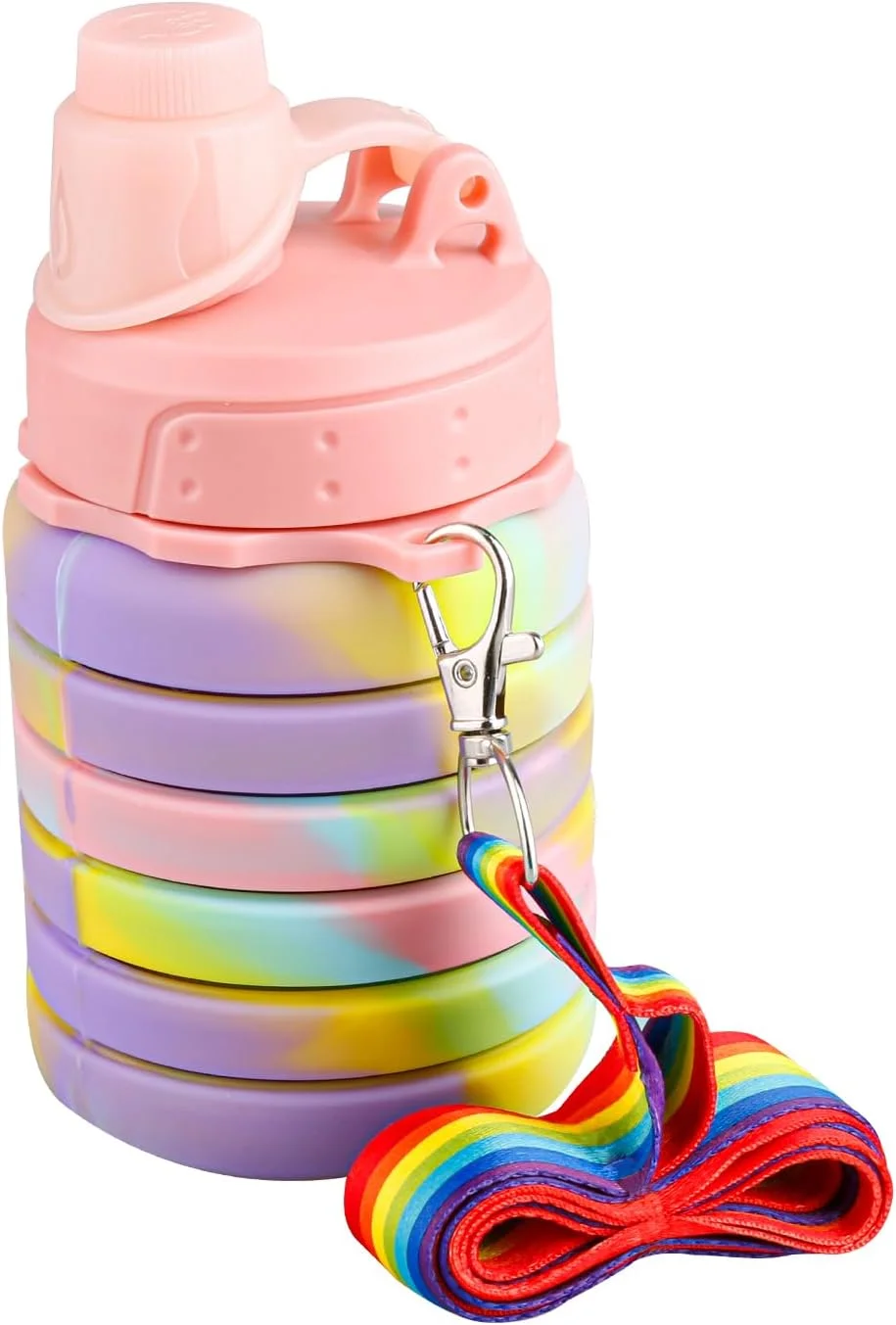 بطری آب سیلیکونی تاشو 500 میلی لیتری، بطری های آب قابل حمل ضد نشت با بند آویز، لوازم جانبی برای کودکان، دختران، پسران، ورزش، پیاده روی، سفر، کمپینگ (صورتی استتاری)