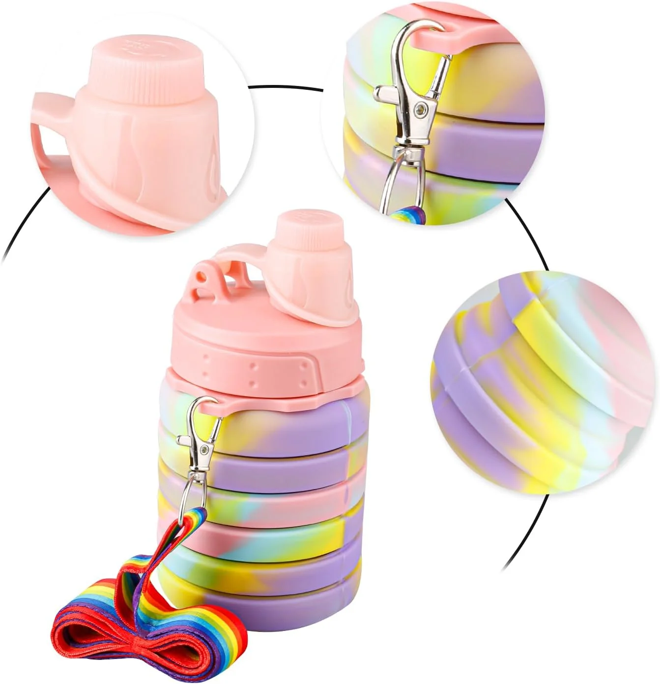 بطری آب سیلیکونی تاشو 500 میلی لیتری، بطری های آب قابل حمل ضد نشت با بند آویز، لوازم جانبی برای کودکان، دختران، پسران، ورزش، پیاده روی، سفر، کمپینگ (صورتی استتاری) بطری آب سیلیکونی تاشو 500 میلی لیتری، بطری های آب قابل حمل ضد نشت با بند آویز، لوازم جانبی برای کودکان، دختران، پسران، ورزش، پیاده روی، سفر، کمپینگ (صورتی استتاری)