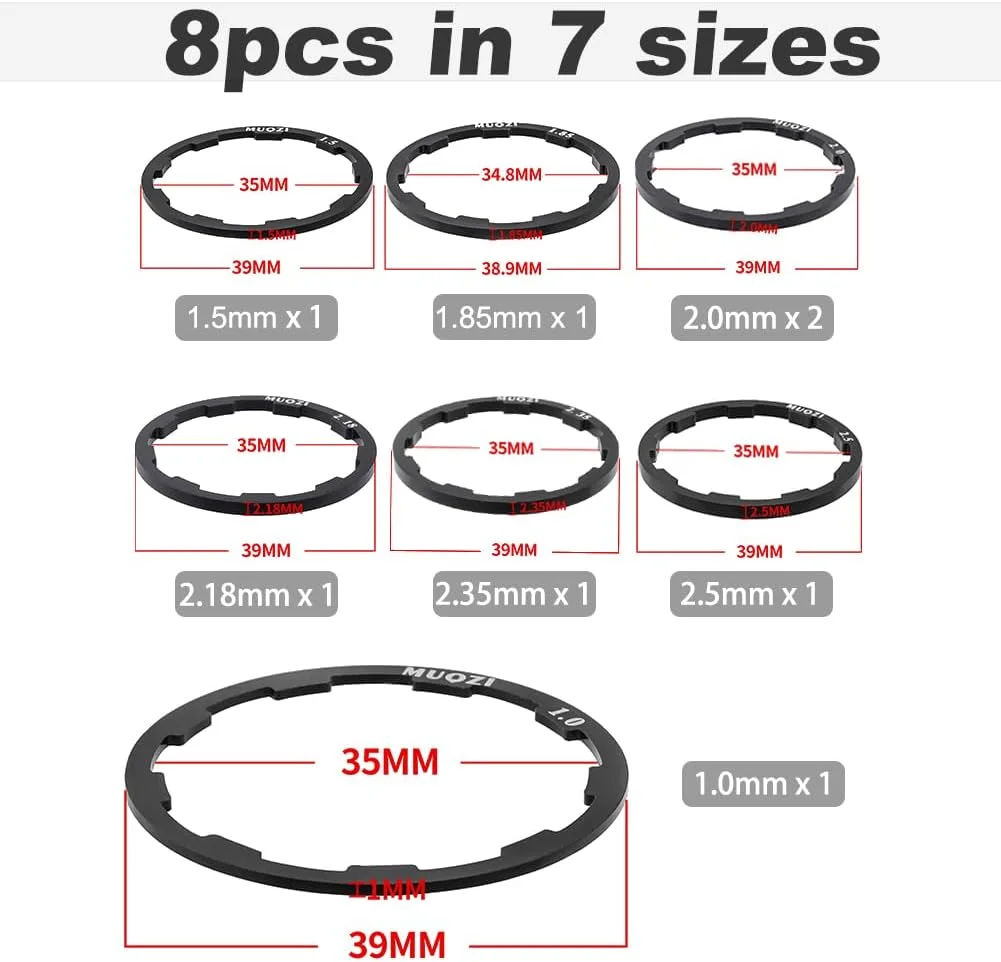 8 عدد واشر توپی چرخ دنده دوچرخه، واشر آلیاژ آلومینیومی توپی دوچرخه، واشر زیرین براکت دوچرخه برای دوچرخه کوهستان و جاده (1.0/1.5/1.85/2.0/2.0/2.18/2.35/2.5 میلی متر)