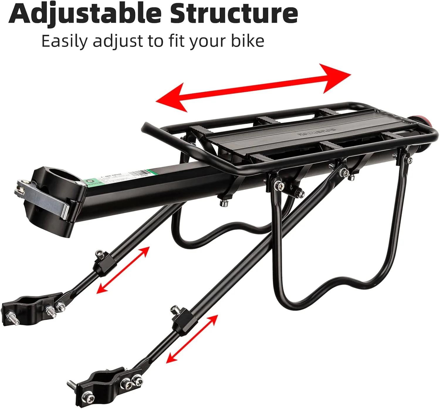 باربند عقب دوچرخه ROCKBROS، آلیاژ آلومینیوم، مشکی، رهاسازی سریع، ظرفیت 75 کیلوگرم، مناسب برای اکثر دوچرخه های کوهستانی