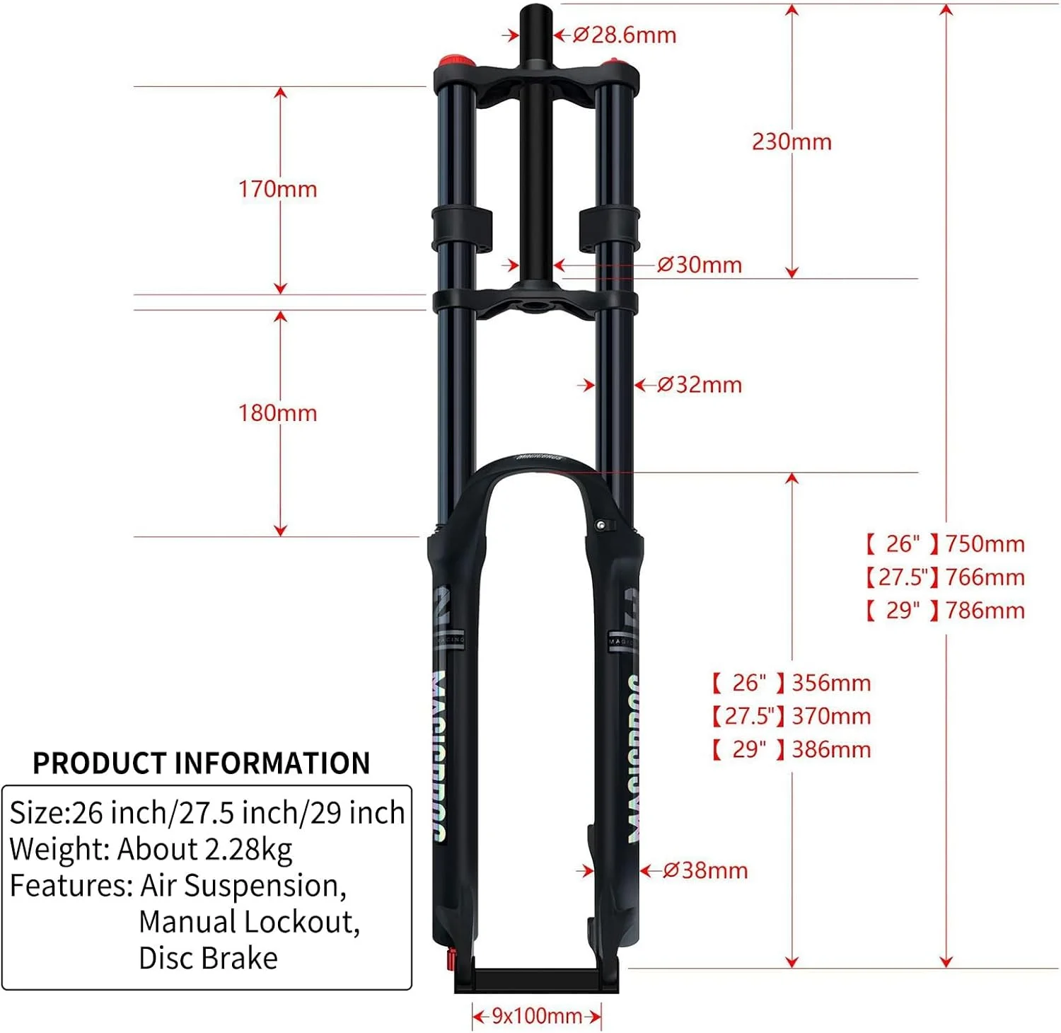 دوشاخ تعلیق دوچرخه کوهستان 26/27.5/29 اینچی با رهاسازی سریع، حرکت 160 میلی‌متری، ترمز دیسکی، دوشاخ بادی با تنظیم میرایی 1-1/8 اینچی، قفل دستی دوشاخ دوچرخه (طلایی، 27.5 اینچ)