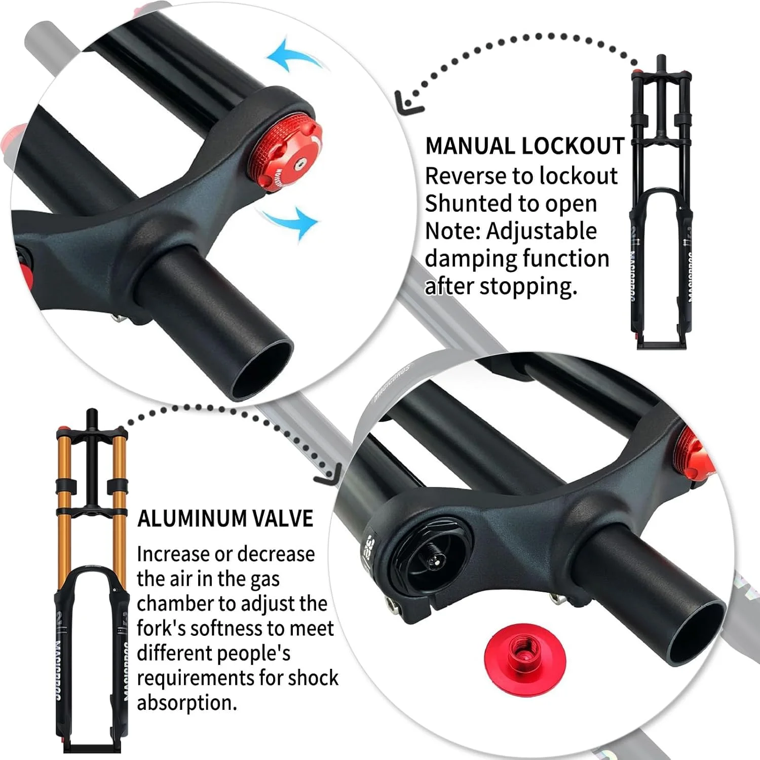 دوشاخ تعلیق دوچرخه کوهستان 26/27.5/29 اینچی با رهاسازی سریع، حرکت 160 میلی‌متری، ترمز دیسکی، دوشاخ بادی با تنظیم میرایی 1-1/8 اینچی، قفل دستی دوشاخ دوچرخه (طلایی، 27.5 اینچ)