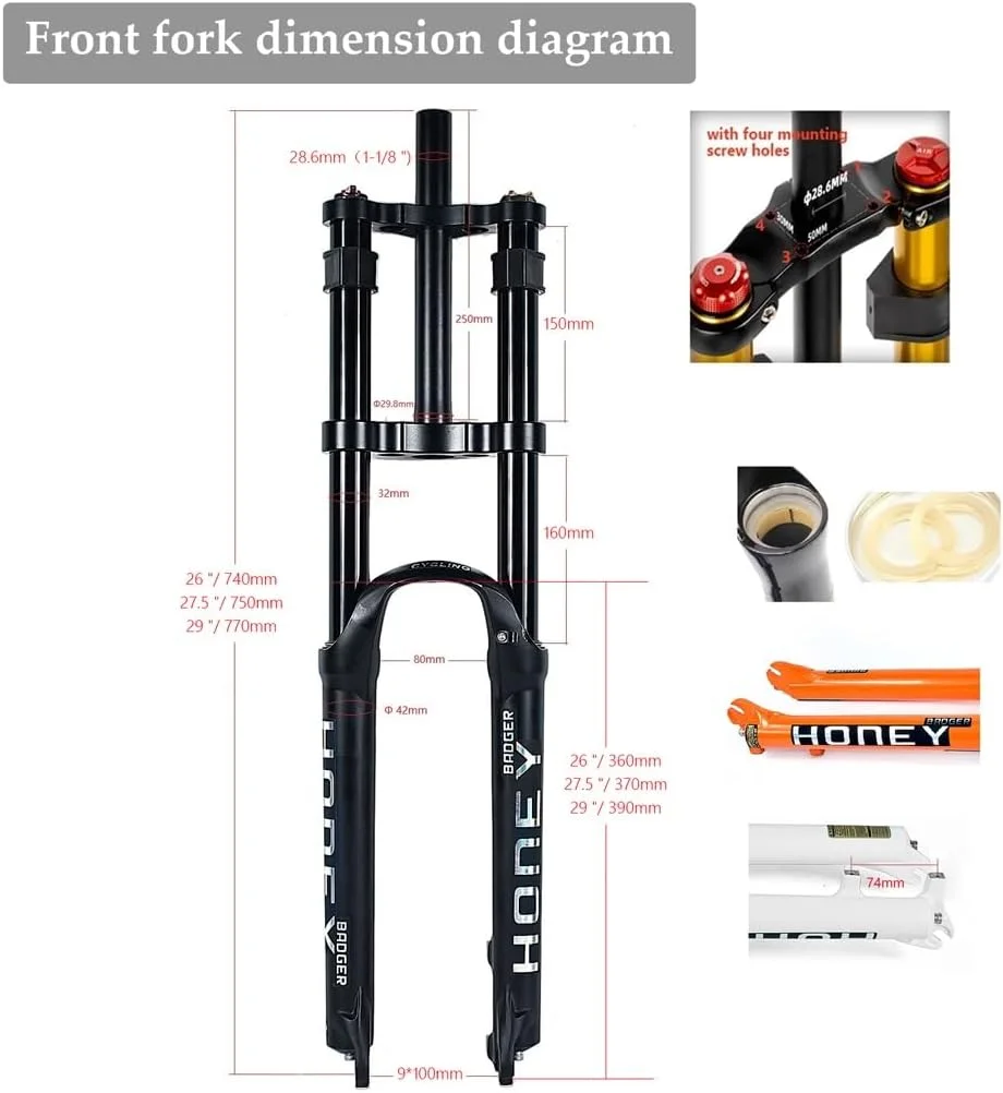 دوشاخ کمک فنر دوچرخه کوهستان سایزهای ۲۶، ۲۷.۵ و ۲۹ اینچ، آلیاژ منیزیم، دوشاخ دوشانه DH مخصوص سراشیبی، کمک فنر بادی با طول حرکت ۱۶۰ میلی‌متر