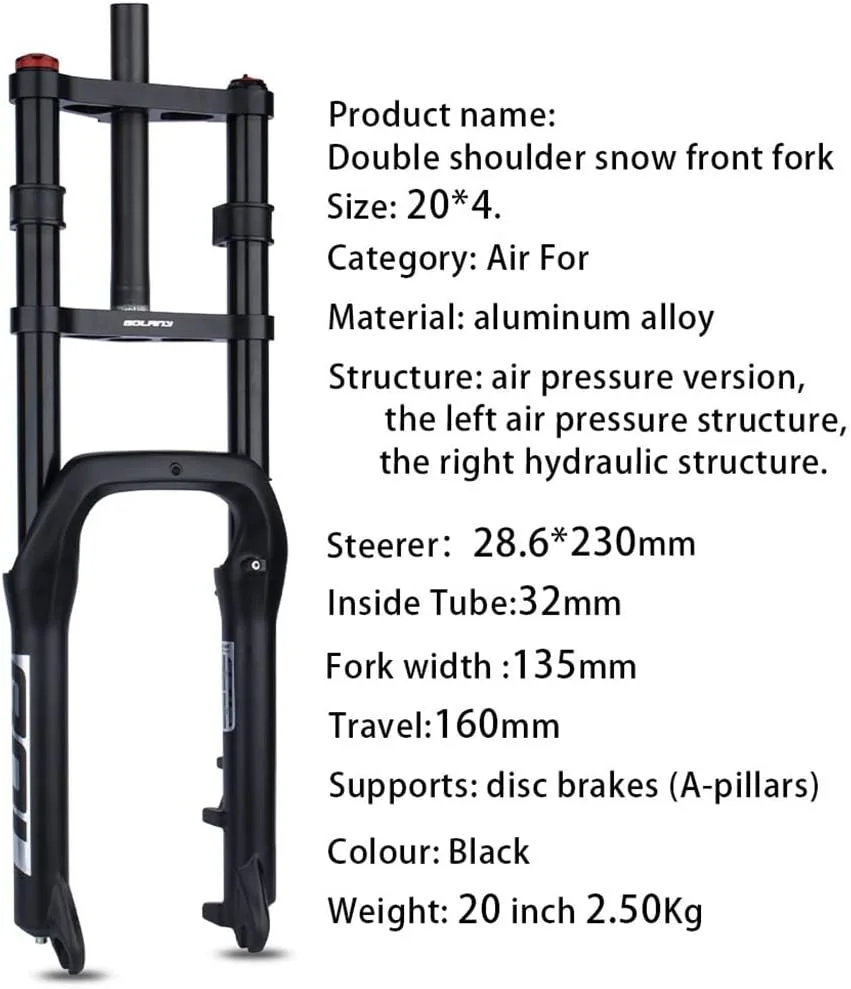 دوشاخ کمک فنر بادی دوچرخه ساحلی برفی سایز 20 اینچ، مناسب لاستیک 4.0، با دامنه حرکتی 140 میلیمتر، لوله 1-1/8 اینچ، دهانه 135 میلیمتر، جذبکنندهی ضربه، قفل دستی QR دوشاخ کمک فنر بادی دوچرخه ساحلی برفی سایز 20 اینچ، مناسب لاستیک 4.0، با دامنه حرکتی 140 میلیمتر، لوله 1-1/8 اینچ، دهانه 135 میلیمتر، جذبکنندهی ضربه، قفل دستی QR