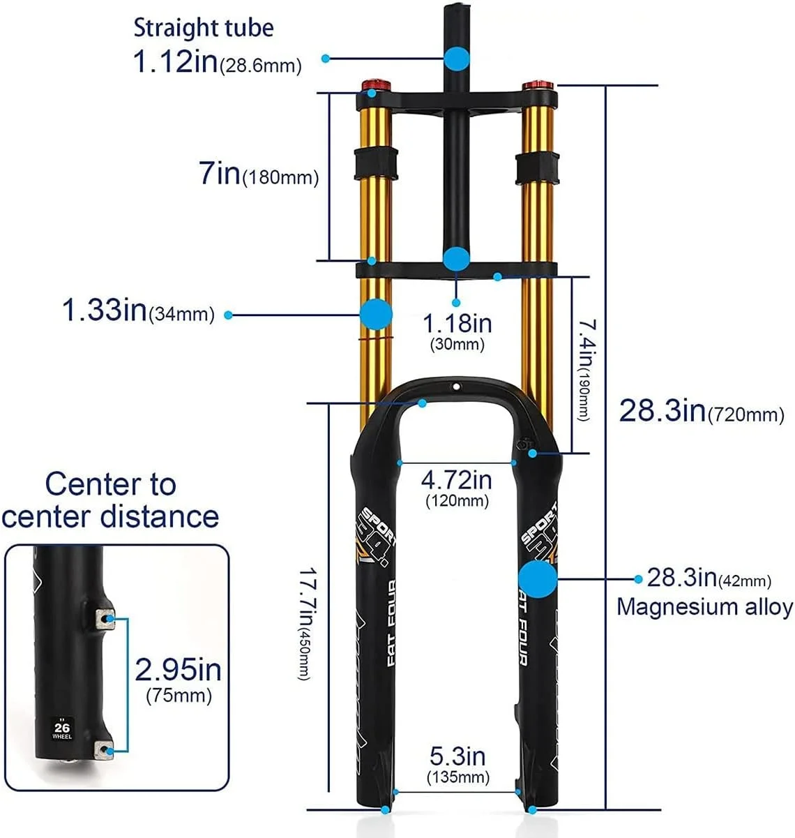 دوشاخ 26 اینچی مخصوص دوچرخه های چرخ پهن، دوشاخ تعلیق بادی دوچرخه کوهستان، ترمز دیسکی، کمک فنر بادی، دوشاخ دوچرخه چرخ پهن 4.0، لوله فرمان 1-1/8، کورس 170 میلی متر، QR برای لاستیک چرخ پهن 4.0 اینچی ATB/BMX، وزن 2850 گرم [موجود در انبار آمریکا]