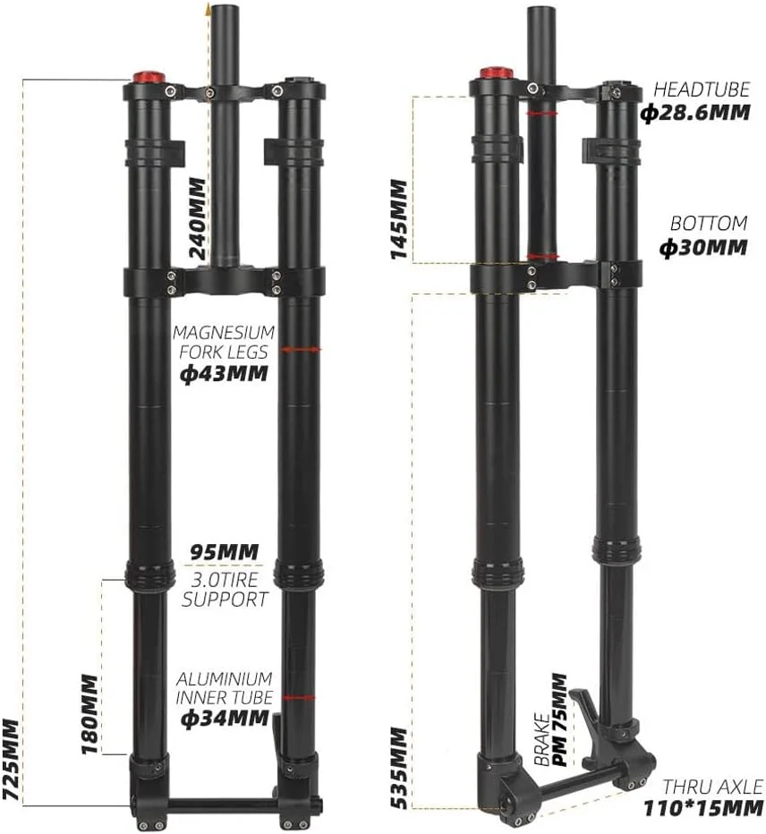دوشاخ معکوس دوچرخه سایز 26/27.5 اینچ، دوشاخ تعلیق بادی/روغنی دوچرخه کوهستان با حرکت 150 میلی‌متر، تنظیم برگشت، دوشاخ جلوی مستقیم، دوشاخ دوشانه محور از طریق DH (رنگ: دوشاخ بادی، سایز: 27.5 اینچ)