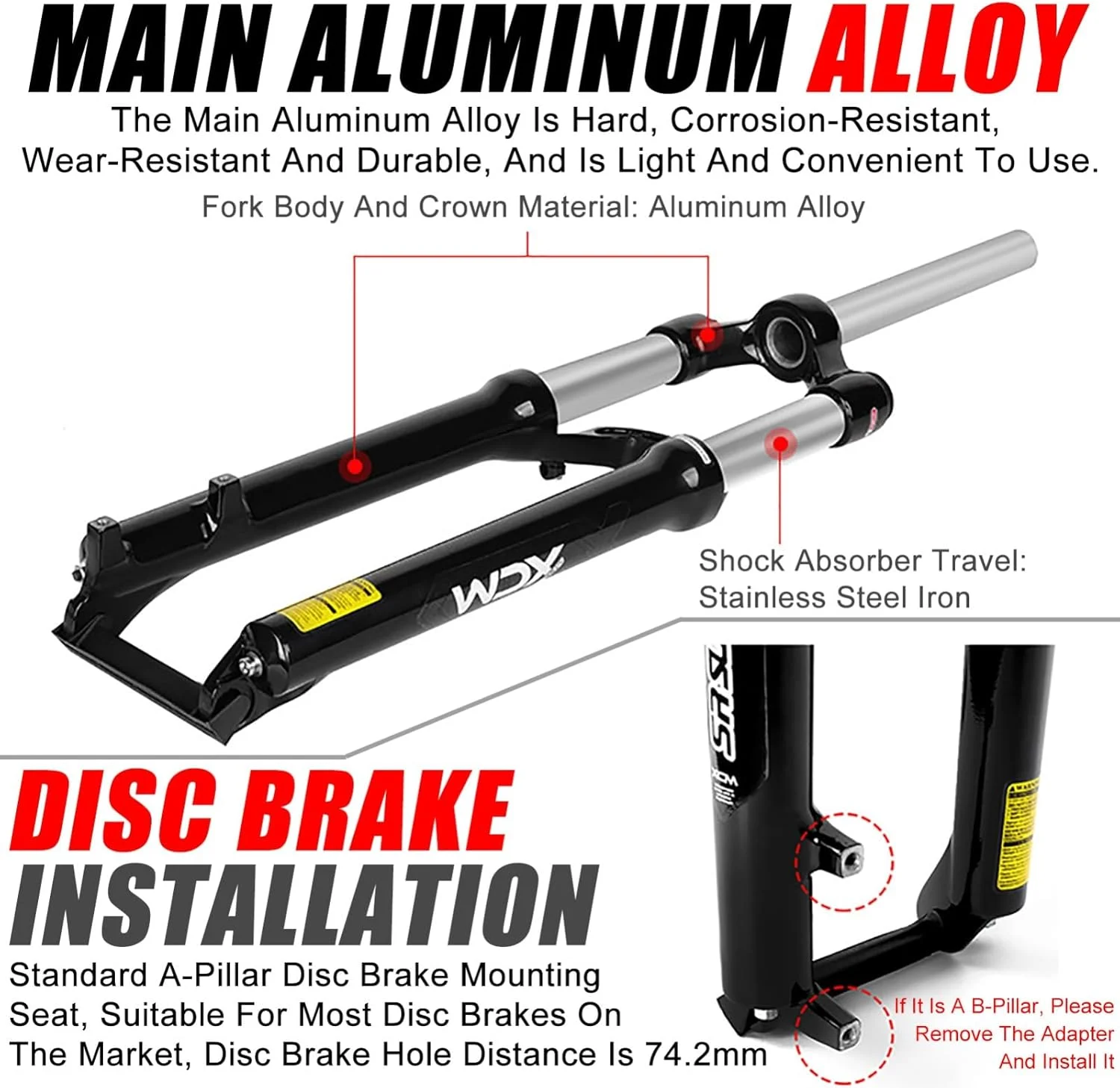 دوشاخ تعلیق بادی دوچرخه کوهستان 26/27.5/29، دوشاخ تقویت شده قابل تنظیم دوچرخه، 100 میلی متر حرکت آلیاژ سبک 1-1/8 اینچ دوشاخ های تعلیق دوچرخه کوهستان 9 میلی متر 27.5 اینچ