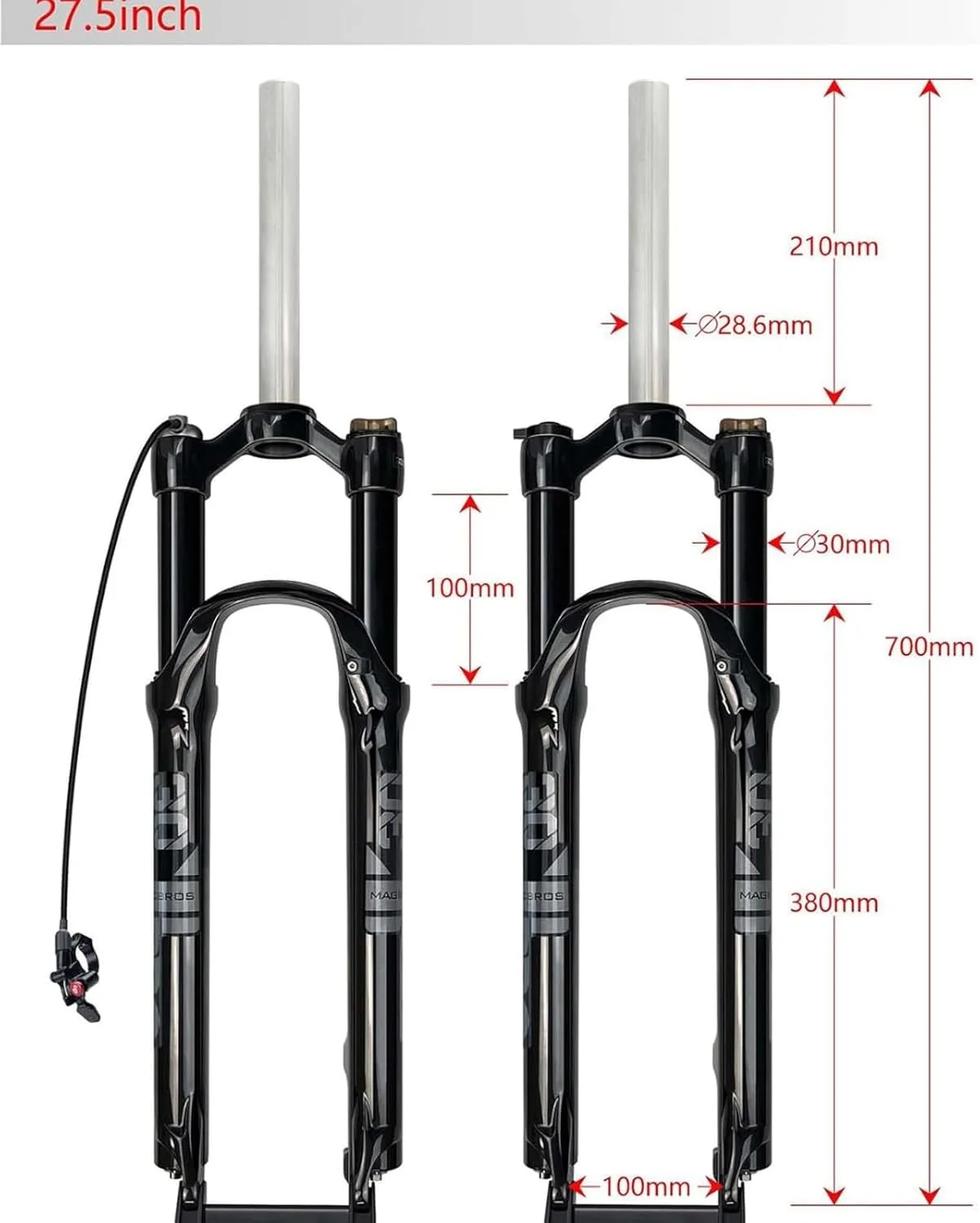دوشاخ بادی دوچرخه کوهستان سایز 26/27.5/29 اینچ، کمک فنر با قابلیت تنظیم برگشت، لوله صاف 1 1/8 اینچ، QR 9 میلی متر، کورس 100 میلی متر