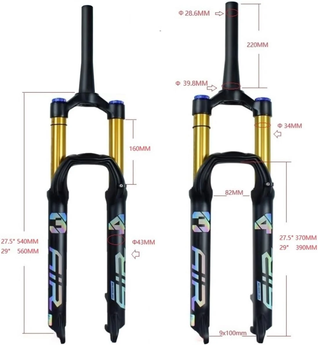 دوشاخ تعلیق دوچرخه تاشو فوق سبک 27.5 29، لوله مخروطی بدون رزوه 28.6، ترمز دیسکی، دوشاخ جلوی دوچرخه کوهستانی، پیمایش 160 میلی متر، QR 9 میلی متر، قفل تاج