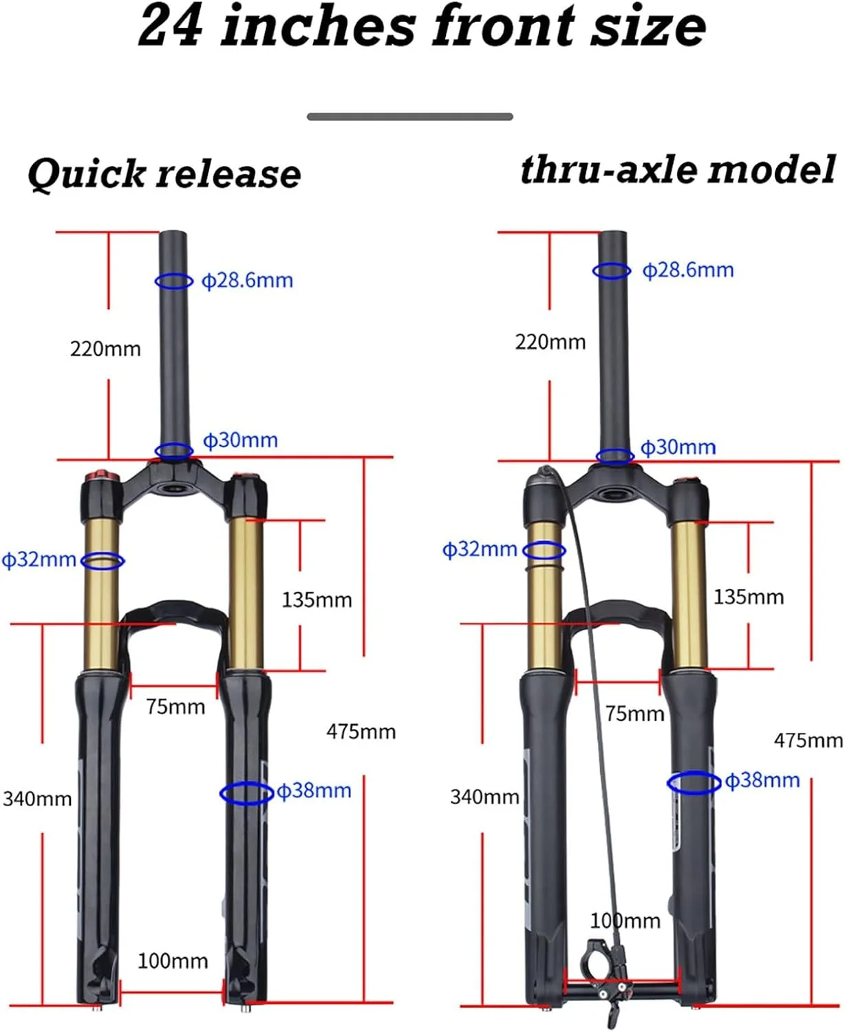 دوشاخ جلو کمک فنر دار دوچرخه کوهستان سایز 20/24 اینچ، لوله فرمان 1-1/8 اینچ، کورس 115 میلی متر، لوله داخلی D32MM، مدل D، سایز 24 اینچ
