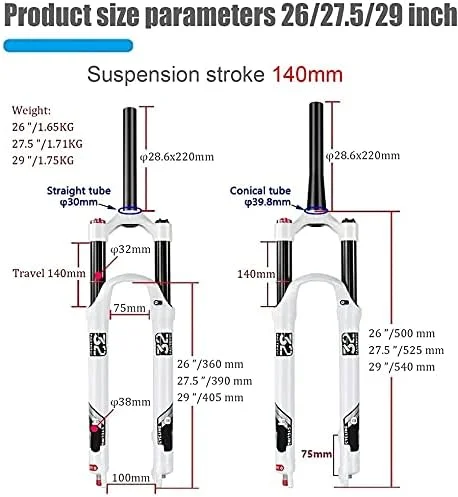 دوشاخ جلو بادی دوچرخه کوهستان 26 27.5 29 اینچ، آلیاژ منیزیم 1-1/8 اینچ، دوشاخ مستقیم فنری دوچرخه کوهستان با دامنه حرکت 140 میلی متر