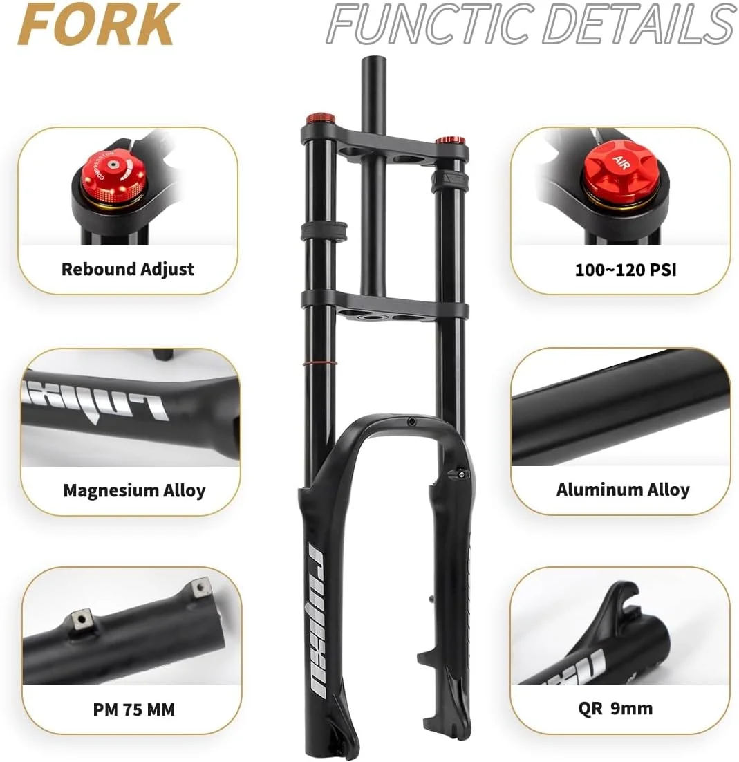 دوشاخ کمک فنر دوچرخه چاق 20 اینچ با تایر چاق 4.0 اینچی، دوشاخ تعلیق دوچرخه کوهستان با طول حرکت 120 میلی متر، لوله مستقیم 28.6 میلی متر، دوشاخ بادی با شانه دوبل، تنظیم برگشت، ترمز دیسکی QR 9 * 135 میلی متر (مشکی) دوشاخ کمک فنر دوچرخه چاق 20 اینچ با تایر چاق 4.0 اینچی، دوشاخ تعلیق دوچرخه کوهستان با طول حرکت 120 میلی متر، لوله مستقیم 28.6 میلی متر، دوشاخ بادی با شانه دوبل، تنظیم برگشت، ترمز دیسکی QR 9 * 135 میلی متر (مشکی)