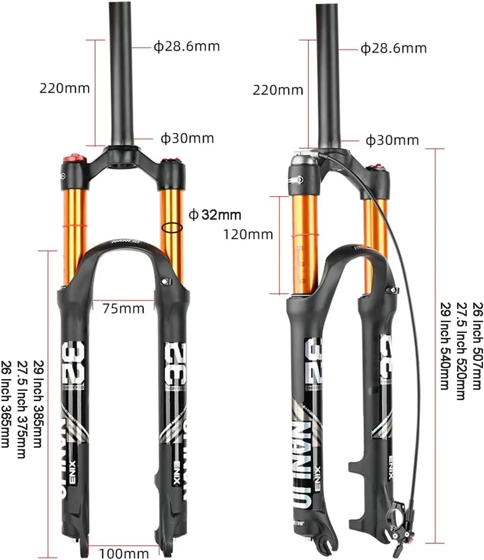 دوشاخ جلوی دوچرخه کوهستان بادی قفل‌شو مستقیم 1-1/8 اینچ، دوشاخ‌های تعلیق دوچرخه کوهستان سایزهای رایج 26 اینچ، 27.5 اینچ، 29 اینچ، رهاسازی سریع 9mm*100mm، پیمایش 100mm