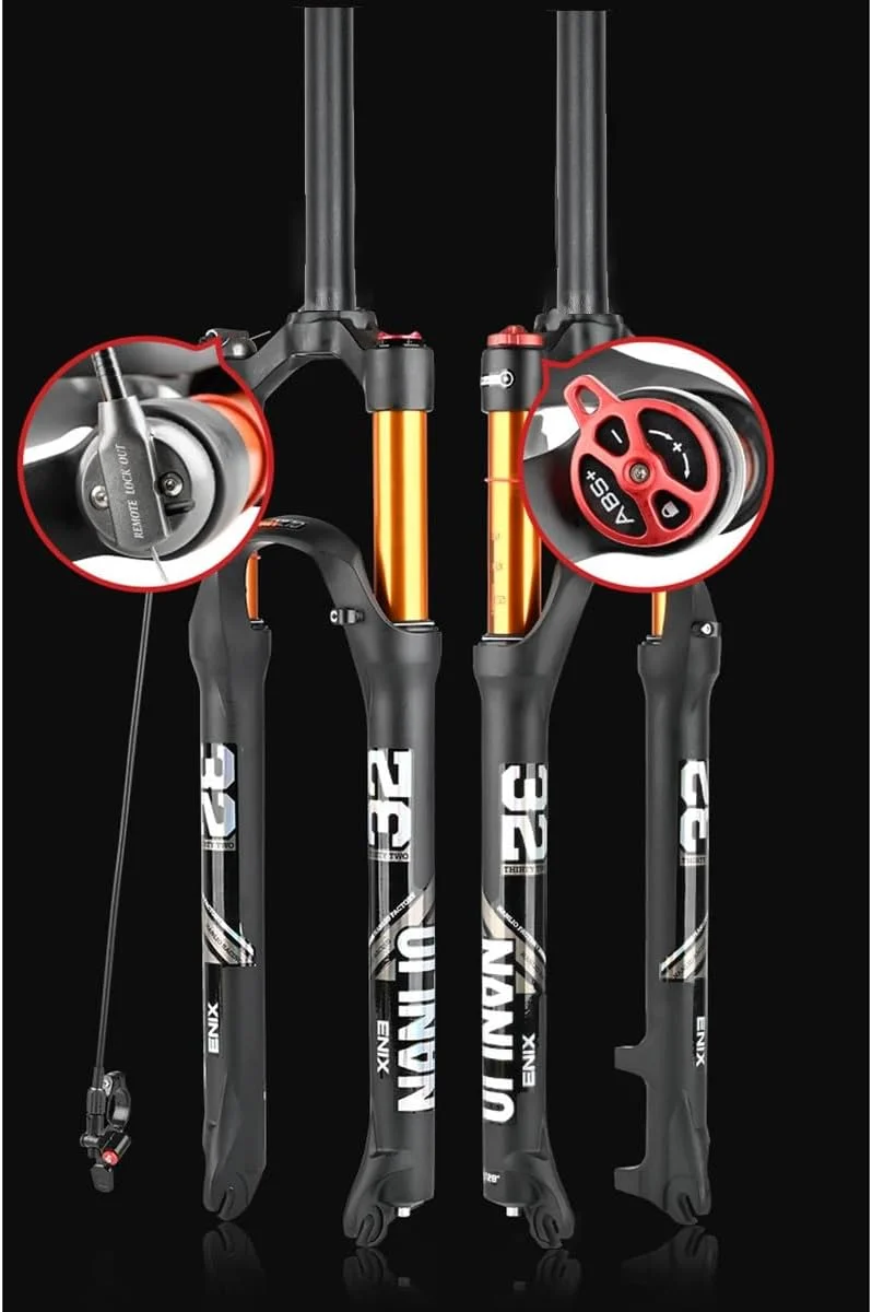 دوشاخ جلوی دوچرخه کوهستان بادی قفل‌شو مستقیم 1-1/8 اینچ، دوشاخ‌های تعلیق دوچرخه کوهستان سایزهای رایج 26 اینچ، 27.5 اینچ، 29 اینچ، رهاسازی سریع 9mm*100mm، پیمایش 100mm