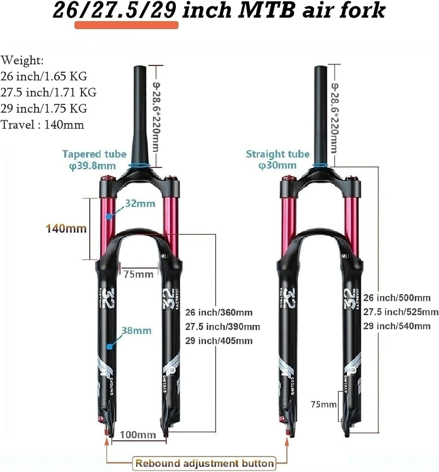 دوشاخ تعلیق بادی دوچرخه کوهستان سایز 26 27.5 29 اینچ، دوشاخ جلوی بادی دوچرخه با فشار هوا، قفل از راه دور 1-1/8، تنظیم ریباند QR 9 میلی متری دیسکی، حرکت 140 میلی متری A,26in
