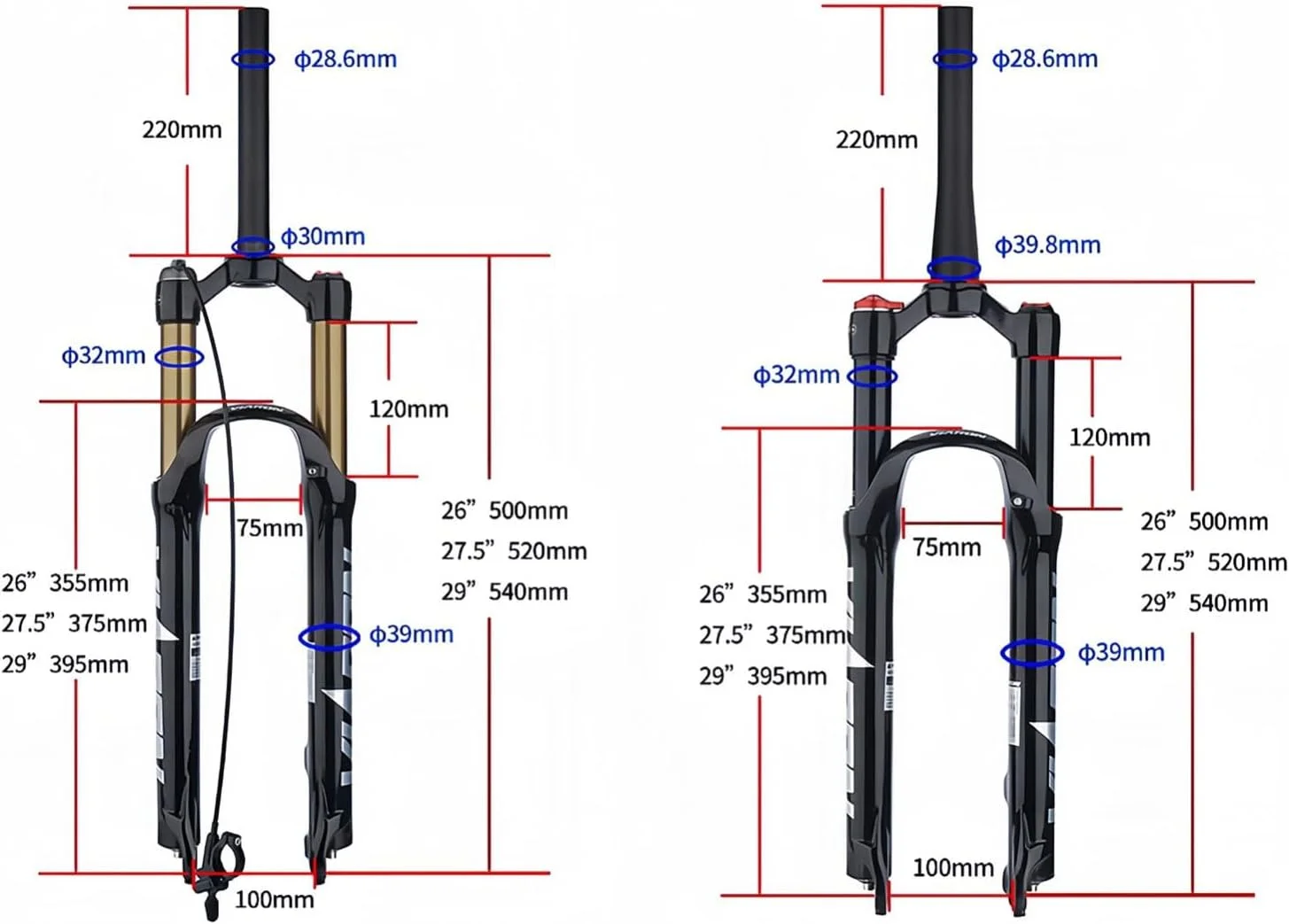 دوشاخ تعلیق بادی دوچرخه کوهستان 26/27.5/29 اینچی با حرکت 100 میلی متری