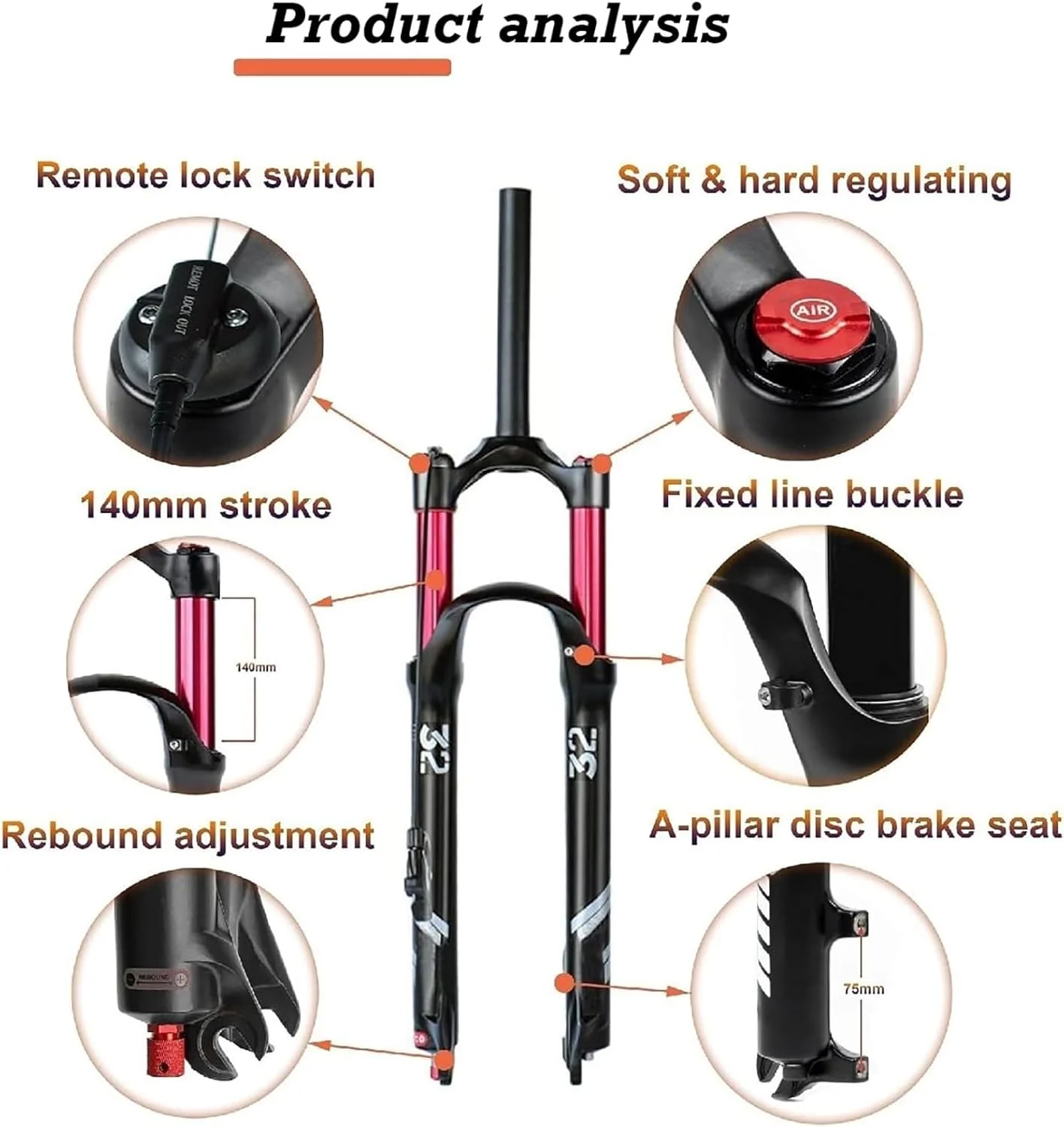 دوشاخ تعلیق بادی دوچرخه کوهستان سایز 26 27.5 29 اینچ، دوشاخ جلوی بادی دوچرخه با فشار هوا، قفل از راه دور 1-1/8، تنظیم ریباند QR 9 میلی متری دیسکی، حرکت 140 میلی متری A,26in