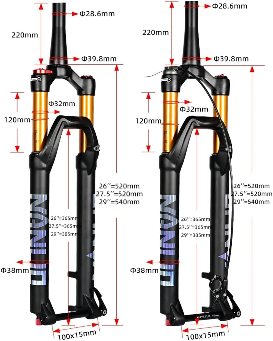 دوشاخ جلوی دوچرخه کوهستان با لوله فرمان مخروطی 1-1/2 اینچ، دوشاخ تعلیق بادی دوچرخه کوهستان سایز 26 27.5 29 اینچ با طول حرکت 120 میلی متر و محور 15 * 100 میلی متر با قابلیت تنظیم میرایی