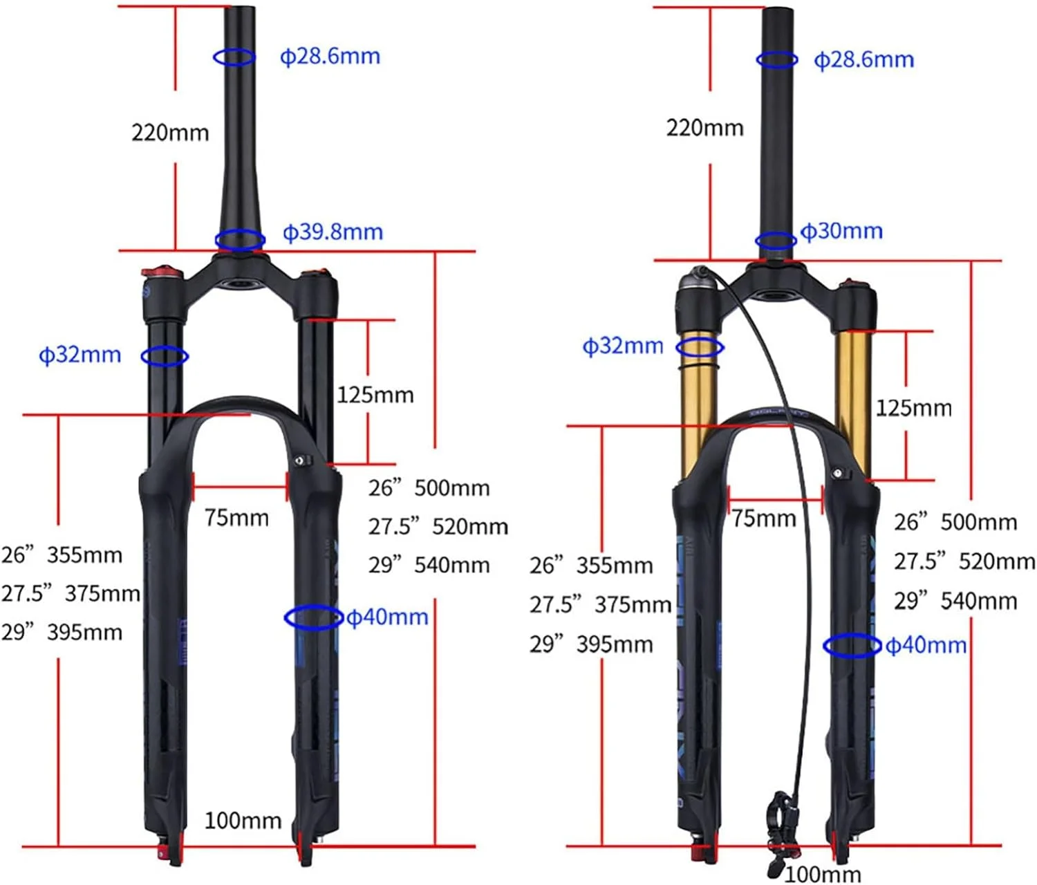دوشاخ جلوی دوچرخه کوهستان 26 27.5 29 با فشار هوا، کمک فنر با قابلیت تنظیم میرایی و برگشت، 120 میلی متر دامنه حرکتی، ترمز دیسکی QR 100Mm * 9Mm C,26in