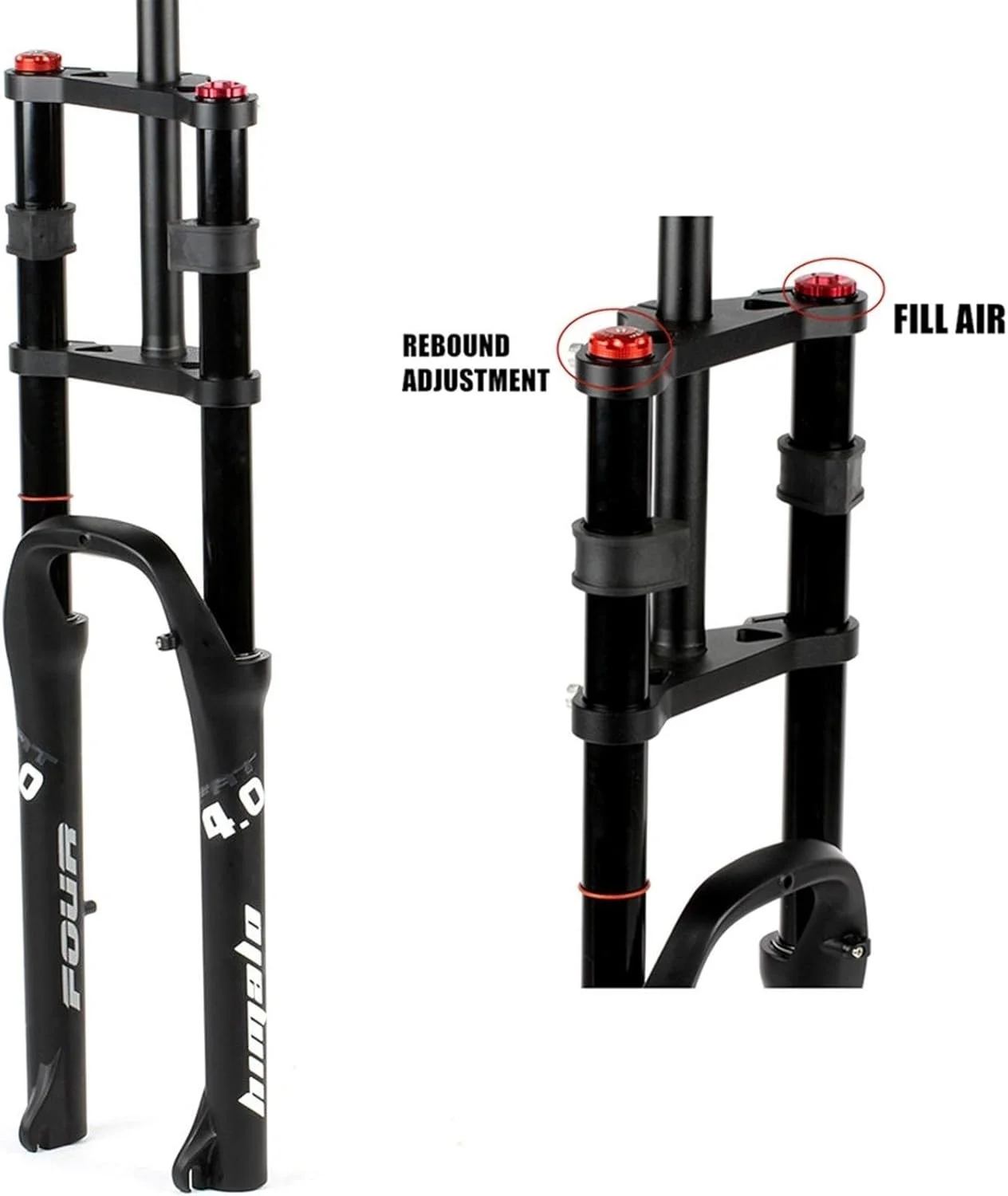 دوشاخ جلوی دوچرخه الکترونیکی 26 اینچ، ترمز دیسکی دوچرخه کوهستان، لوله فرمان 1-1/8 اینچ، دوشاخ تعلیق دوچرخه با دامنه حرکتی 170 میلی متر، کمک فنر بادی برای لاستیک پهن 4.0 اینچ QR ATB/BMX