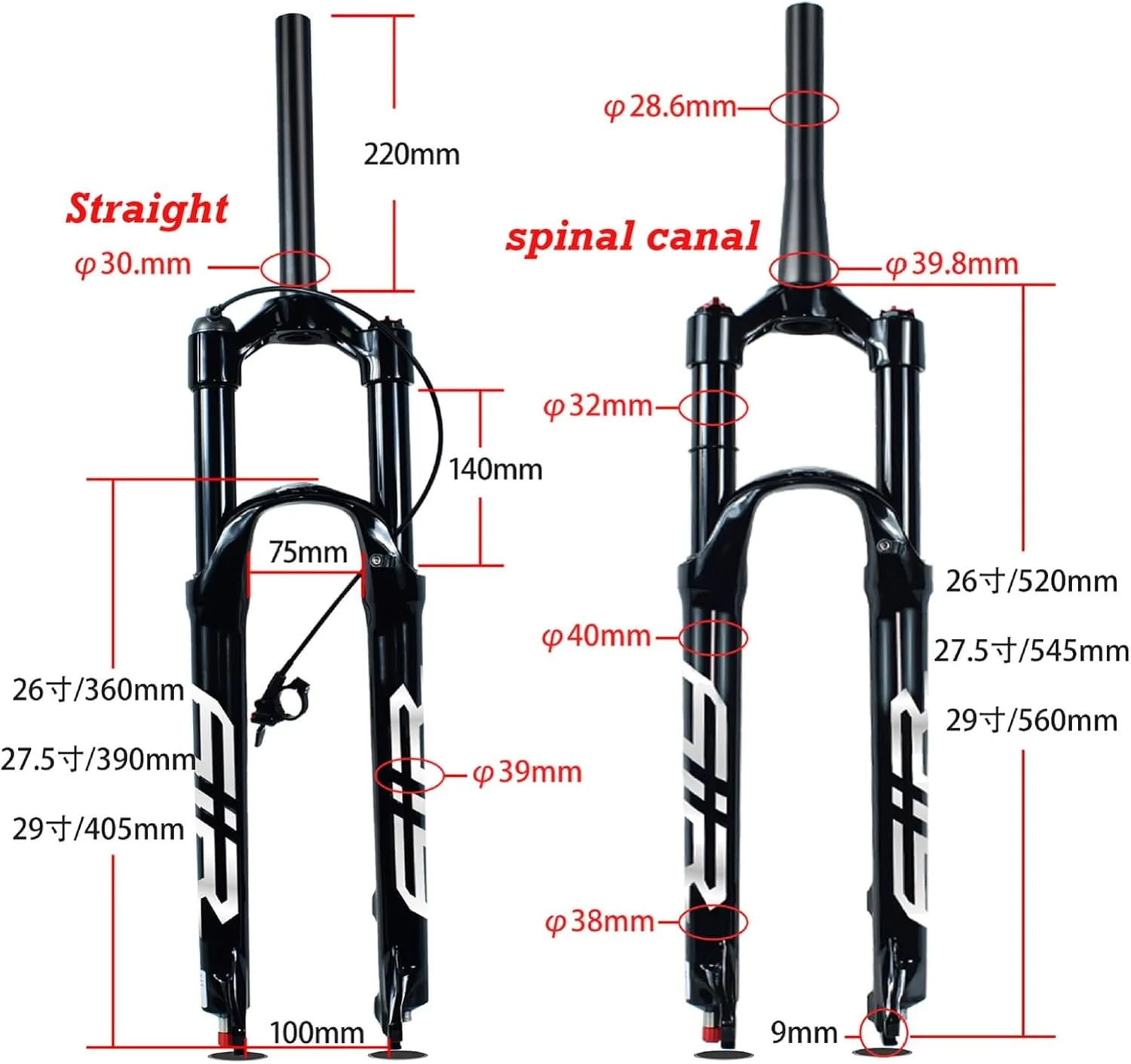 دوشاخ بادی دوچرخه کوهستان سایزهای 26/27.5/29 اینچ با قابلیت تنظیم برگشت، فرمان 1-1/8 اینچ صاف HL/RL قفل دستی/ریموت، 140 میلی متر حرکت، ترمز دیسکی QR 100mm*9mm