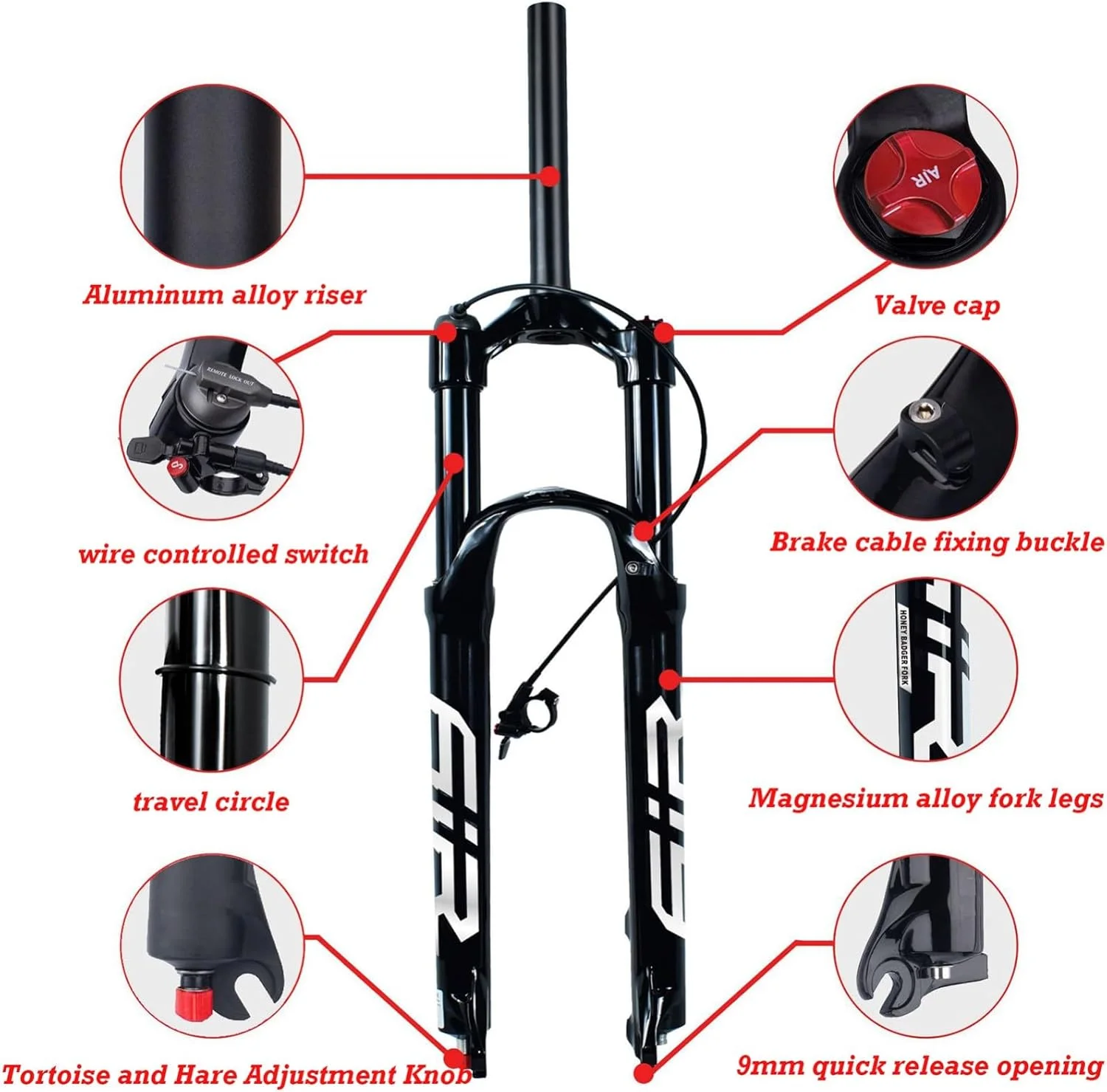 دوشاخ بادی دوچرخه کوهستان سایزهای 26/27.5/29 اینچ با قابلیت تنظیم برگشت، فرمان 1-1/8 اینچ صاف HL/RL قفل دستی/ریموت، 140 میلی متر حرکت، ترمز دیسکی QR 100mm*9mm