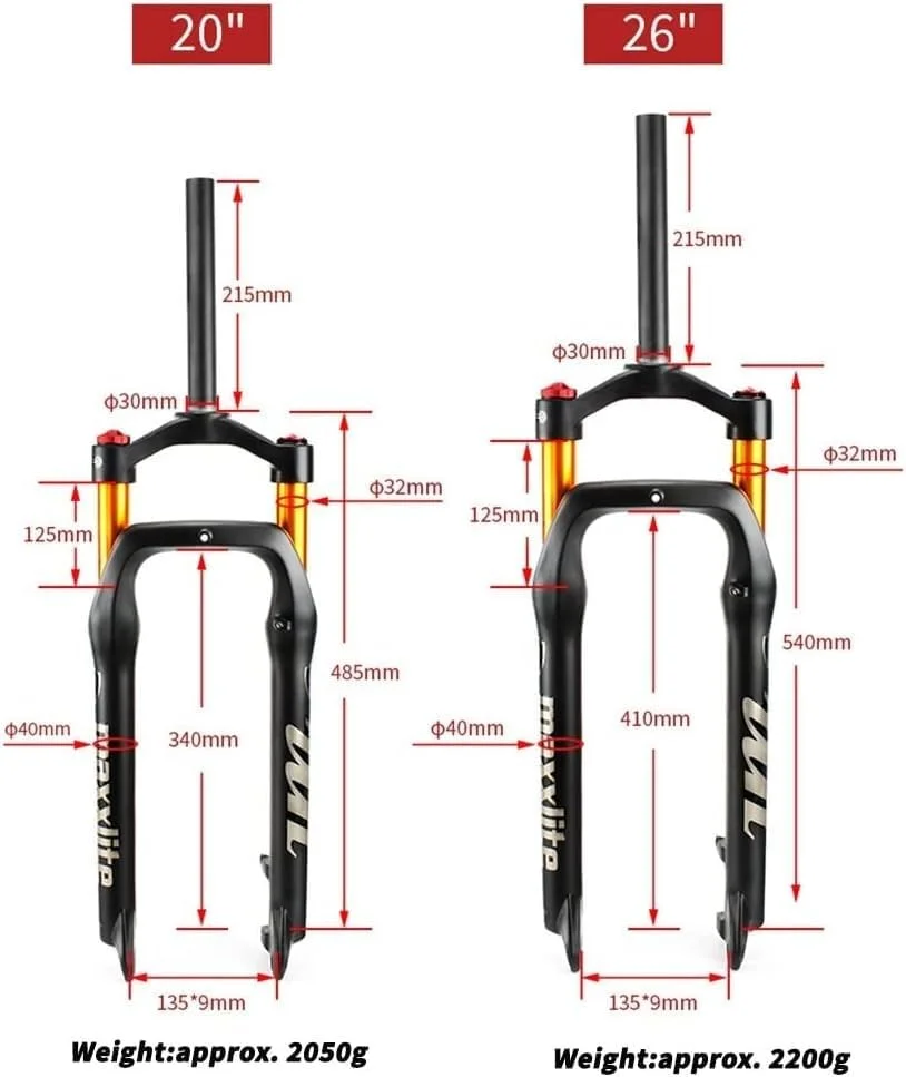 دوشاخ جلوی دوچرخه کوهستان 20/26 اینچی، دوشاخ بادی مخصوص دوچرخه های پهن، با طول حرکت 100 میلی متر، ساخته شده از آلیاژ آلومینیوم، مناسب برای لاستیک های 4.0 اینچی، دوشاخ تعلیق دوچرخه برفی